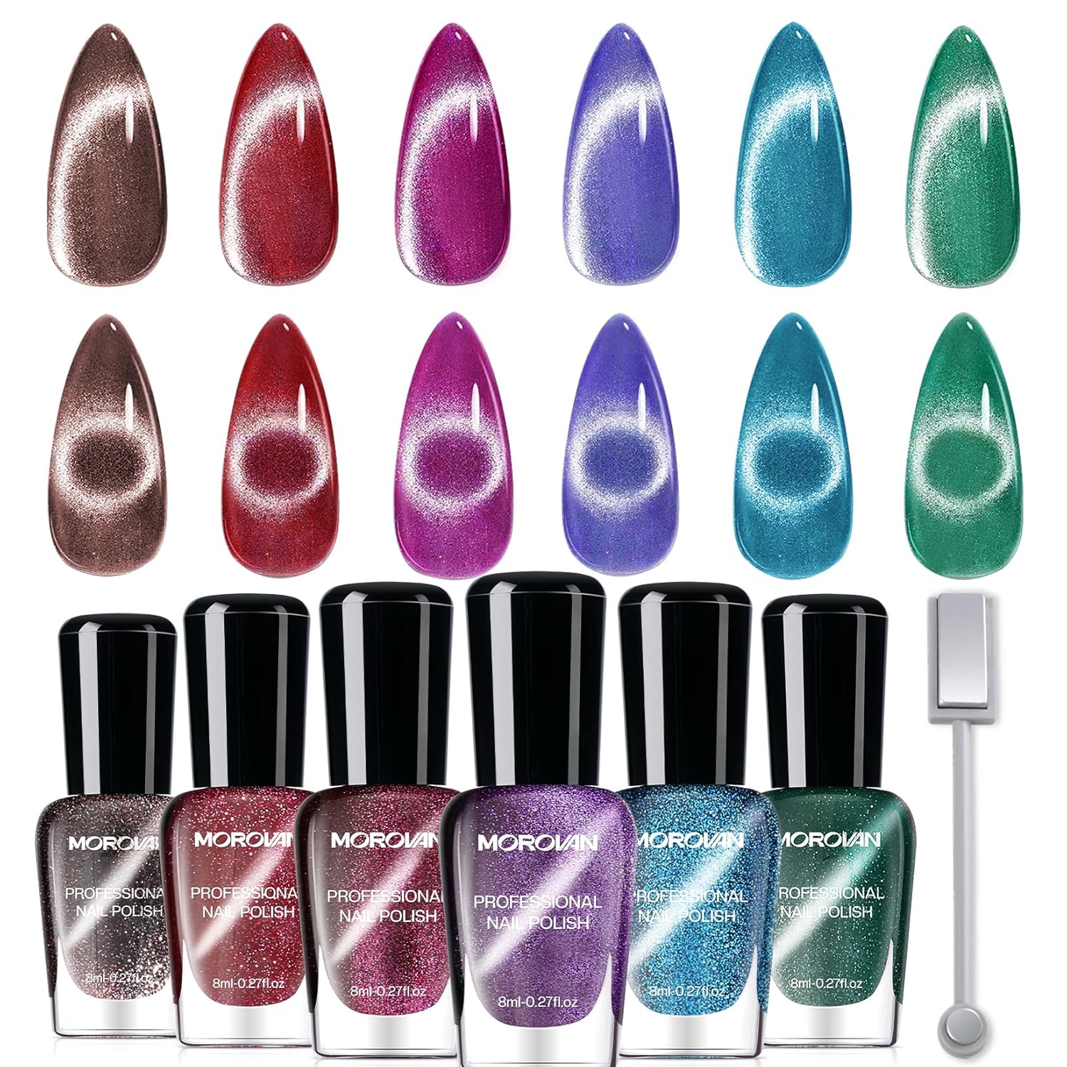 Morovan Magnetic Nail Polish Set:Cat Eye Glitter Red Green Purple Blue Nail Polish Kit Shimmer Quick Dry Nail Polish Bulk for Women Nail Art Manicure Salon Gift Holiday Party