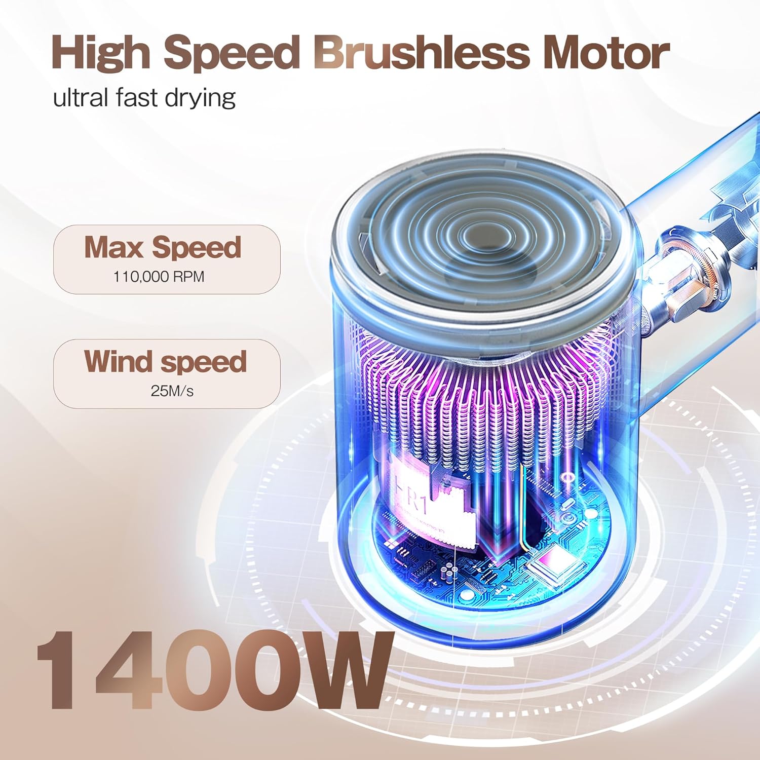 Hair Dryer, High-Speed Ionic Low Noise Blow Dryer with Brushless Motor for Fast Drying, Thermo-Control Quiet Compact Hair Blow Dryer, Hairdryer with 1 Nozzle Attachments for Home Salon Travel - Image 8