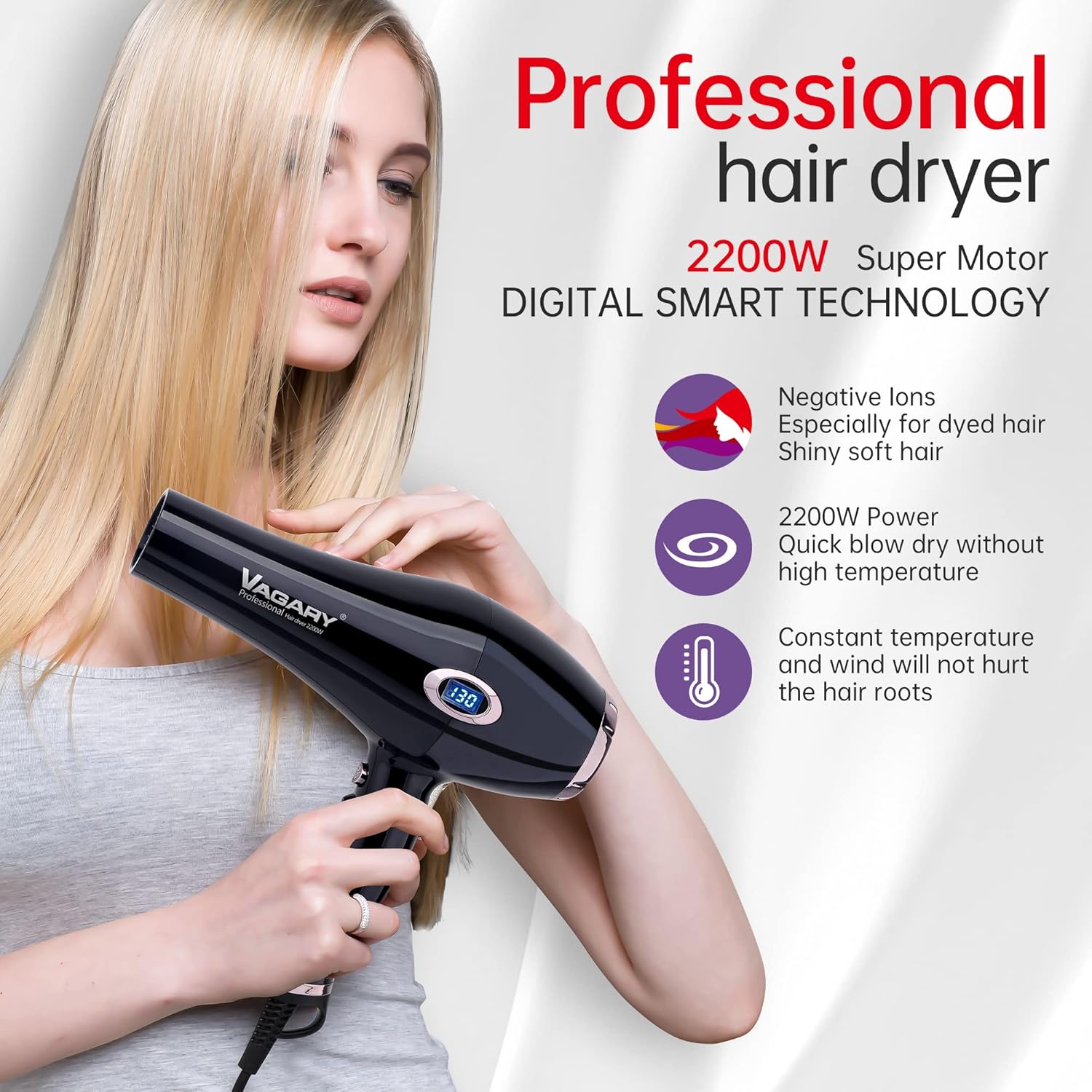 VAGARY Professional Salon 2200W Blower Dryer with Diffuser Concentrator Nozzles,Negative Ionic Blow Dryer,Low Noise Hair Dryers,2 Speeds and 2 Heat Settings 1 Cool Shot Button - Image 2