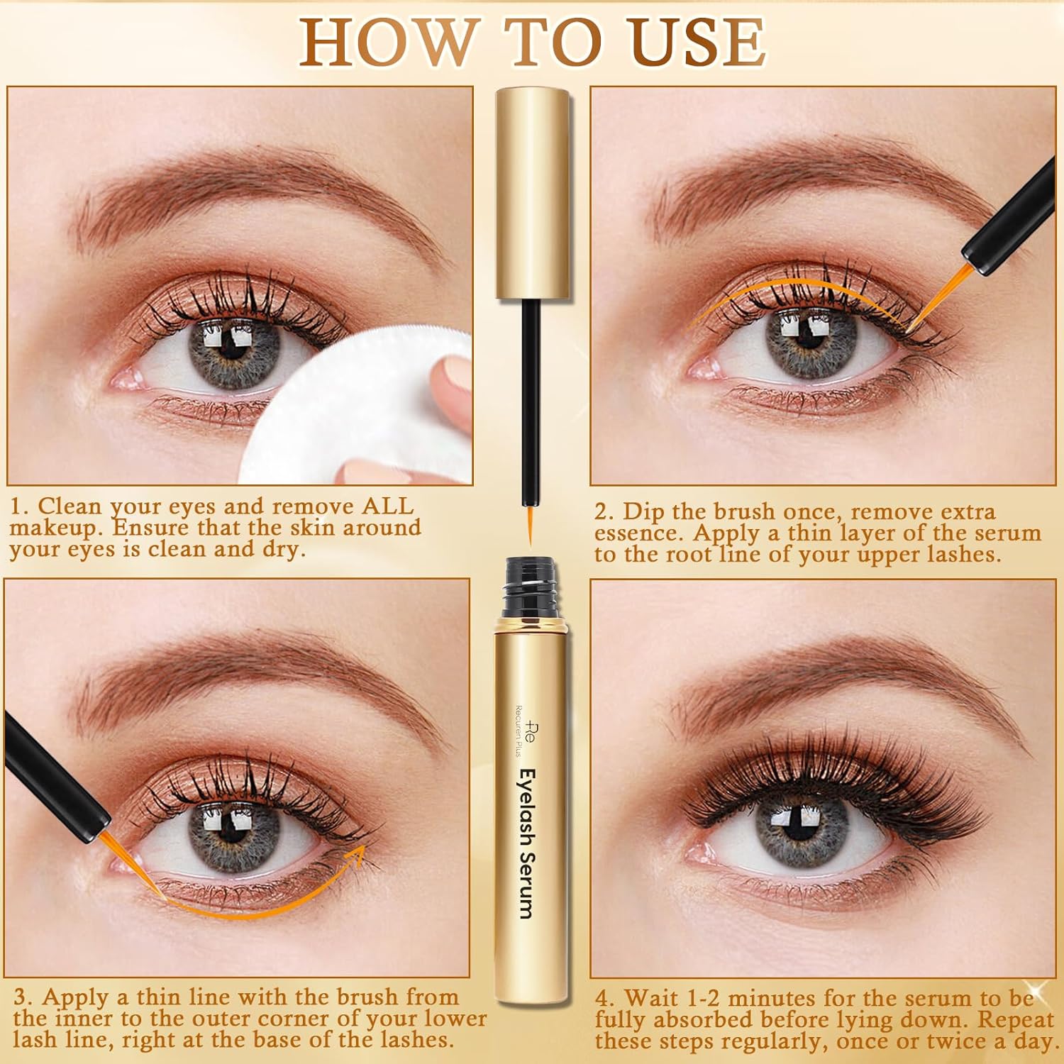 Premium Eyelash Growth Serum: Advanced Vegan Formula for Longer Thicker Lashes (Champagne Gold) - Image 3