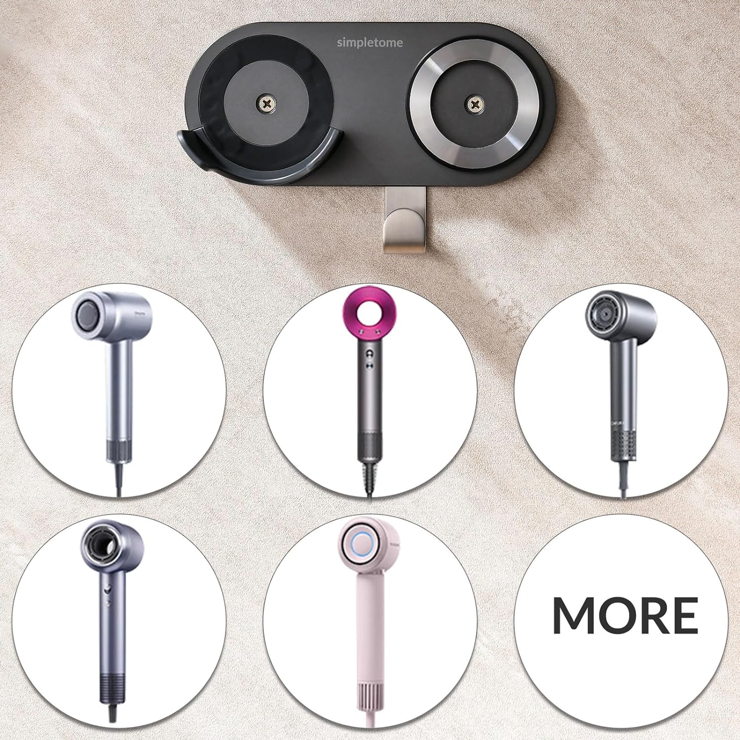 simpletome Hair Dryer Holder Wall Mount for All Magnetic High Speed Blow Dryer with Plug Cord Organizer Hook (Aluminum Alloy, Grey) - Image 3