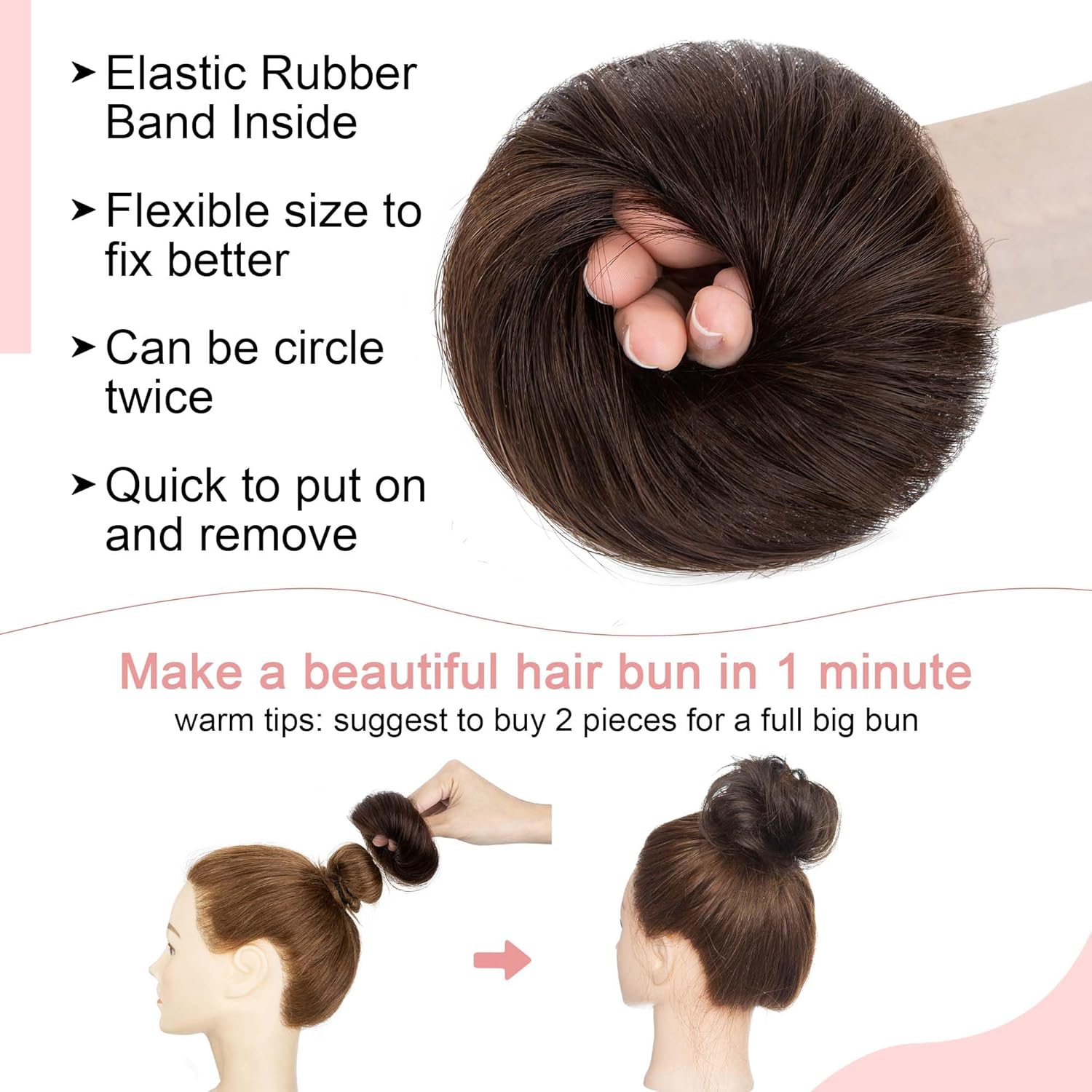 SEGO Human Hair Messy Bun Hairpieces Real Scrunchies Natural Wavy Smoothed Updo Donut Chignon Ponytail Extensions for Women Girls-#02 Dark Brown - Image 4