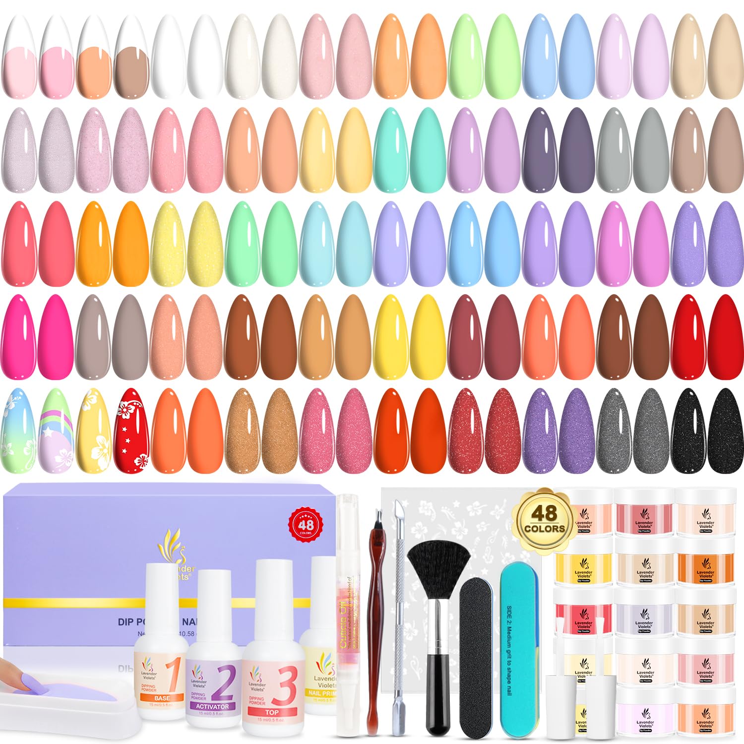Lavender Violets 62 Pcs Dip Powder Nail Kit Starter, 48 Colors Nude Pink Brown Red Green Blue Purple Glitter with Dip Powder Liquid Set and Essential Manicure Tools for Nail Art Designs G902