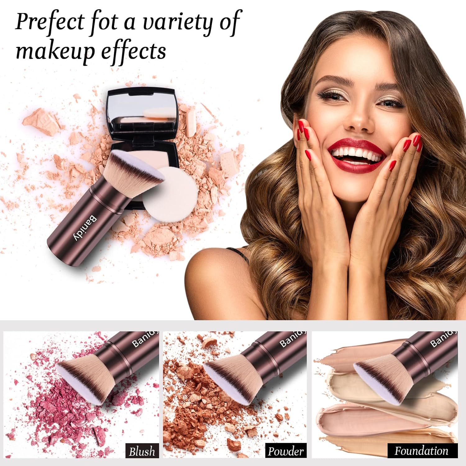 Makeup Brush Kabuki Face Brushes Retractable Travel Blush Kabuki Brush Portable Flawless for Foundation, Powder Blush, Bronzer, Buffing, Liquid, Cream, Cruelty Free with Cover(Brown) - Image 3