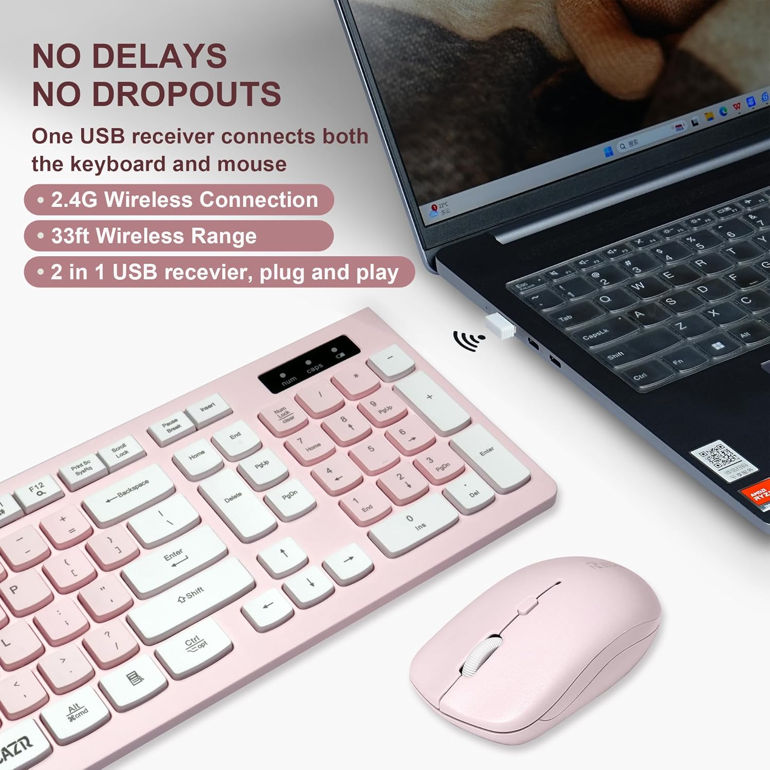 Wireless Keyboard and Mouse Combo, Reccazr 2.4G Full-Sized Keyboard and Mouse Cordless, 3 DPI Adjustable Mouse, Dual-System Keyboard for Computer/Laptop/Windows/Mac (Pink & White) - Image 2
