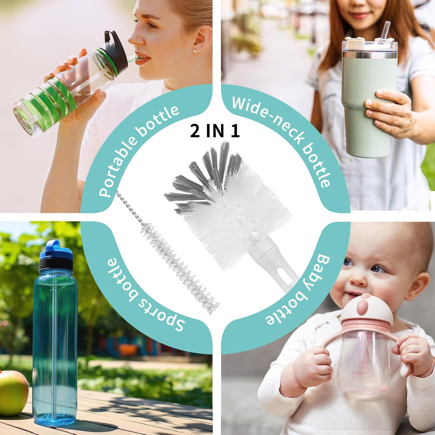 2 in 1 Long Handle Bottle Brush with Straw Brush for Cleaning Glass, Sports Bottle, Coffee Mug,1 Pack - Image 3
