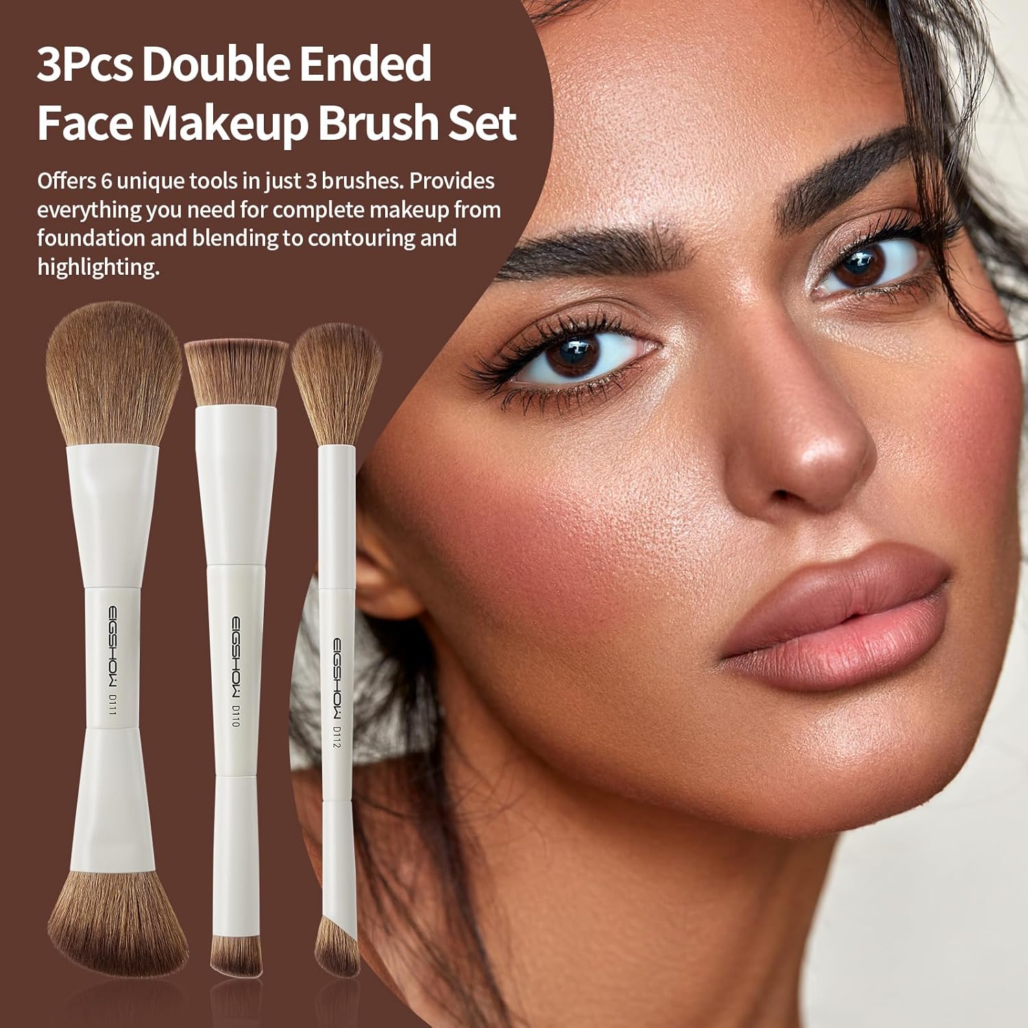 EIGSHOW Makeup Brush Set, 3Pcs Double Ended Face Makeup Brushes for Foundation Powder Contour Highlight Concealer Nose Shadow, Travel Gift Set (Beige) - Image 5