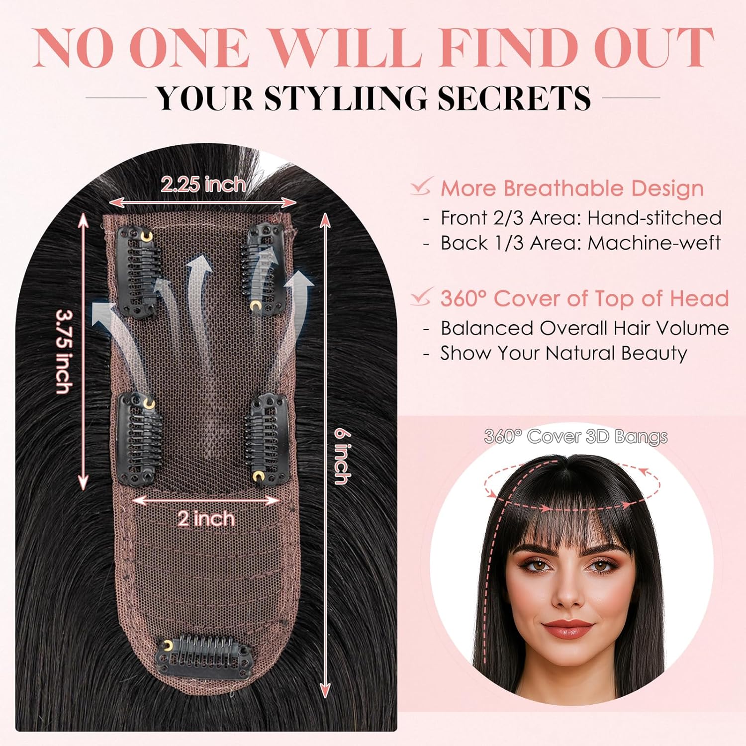 Hairro Human Hair Topper with Wispy Bangs, Clips on 360° 3D Cover Real Hairpieces Lightweight, 2.25"x6" Base for Women with High Hairline/Thinning Hair, 10 Inch Natural Black - Image 4