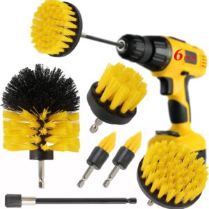 6Pcs Drill Brush Cleaning Attachment Set for Shower,Yellow Power Scrubber Brushes with Extend Long Attachment for Bathroom Bathtub, Multifunctional Electric House Cleaning Supplies Tools