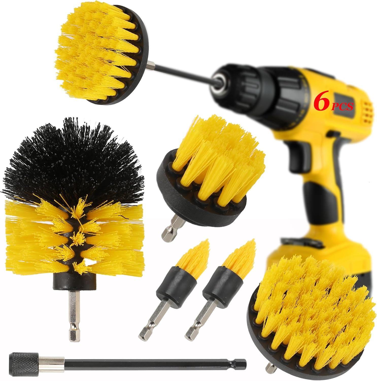 6Pcs Drill Brush Cleaning Attachment Set for Shower,Yellow Power Scrubber Brushes with Extend Long Attachment for Bathroom Bathtub, Multifunctional Electric House Cleaning Supplies Tools