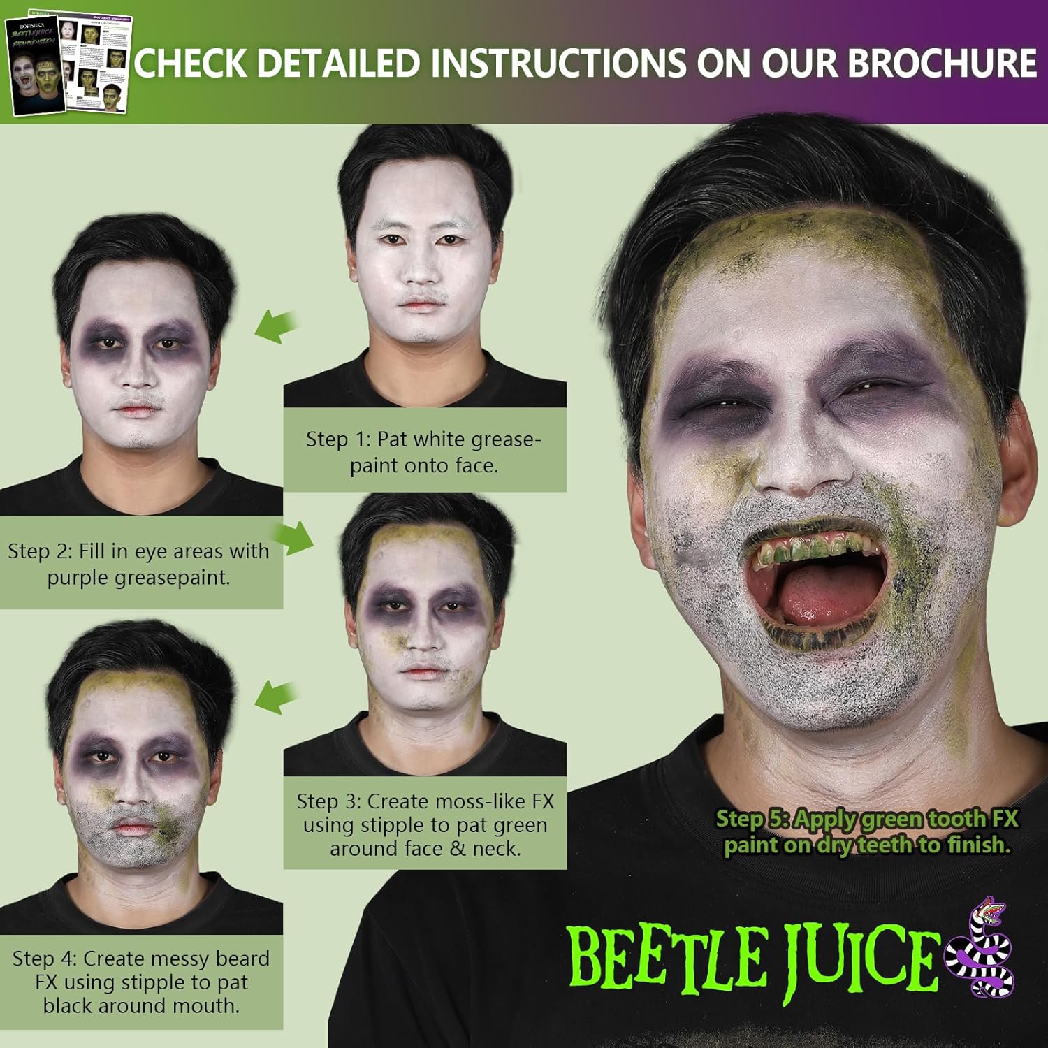 Halloween Beetle-juice Makeup & Frankenstein Makeup Kit, Face Paint SFX Character Set with Black Lipstick & Applicators for Ghost, Zombie, Grinch Special Effects Make Up, Costume Cosplay Party & Stage - Image 3