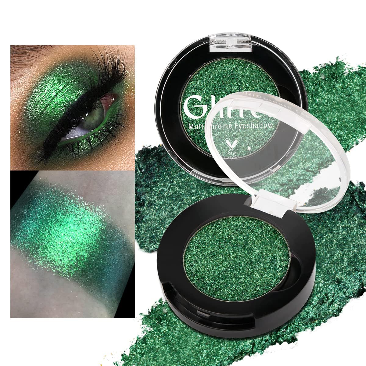 Green Eyeshadow Shimmery, Highly Pigmented Metallic Eye Glitter, Long Lasting Forest Green Sparkly Duo Chrome Eyeshadow Palette, Smooth Chameleon Glitter Eye Shadow for St Patrick’s Day, Talc Free#4D