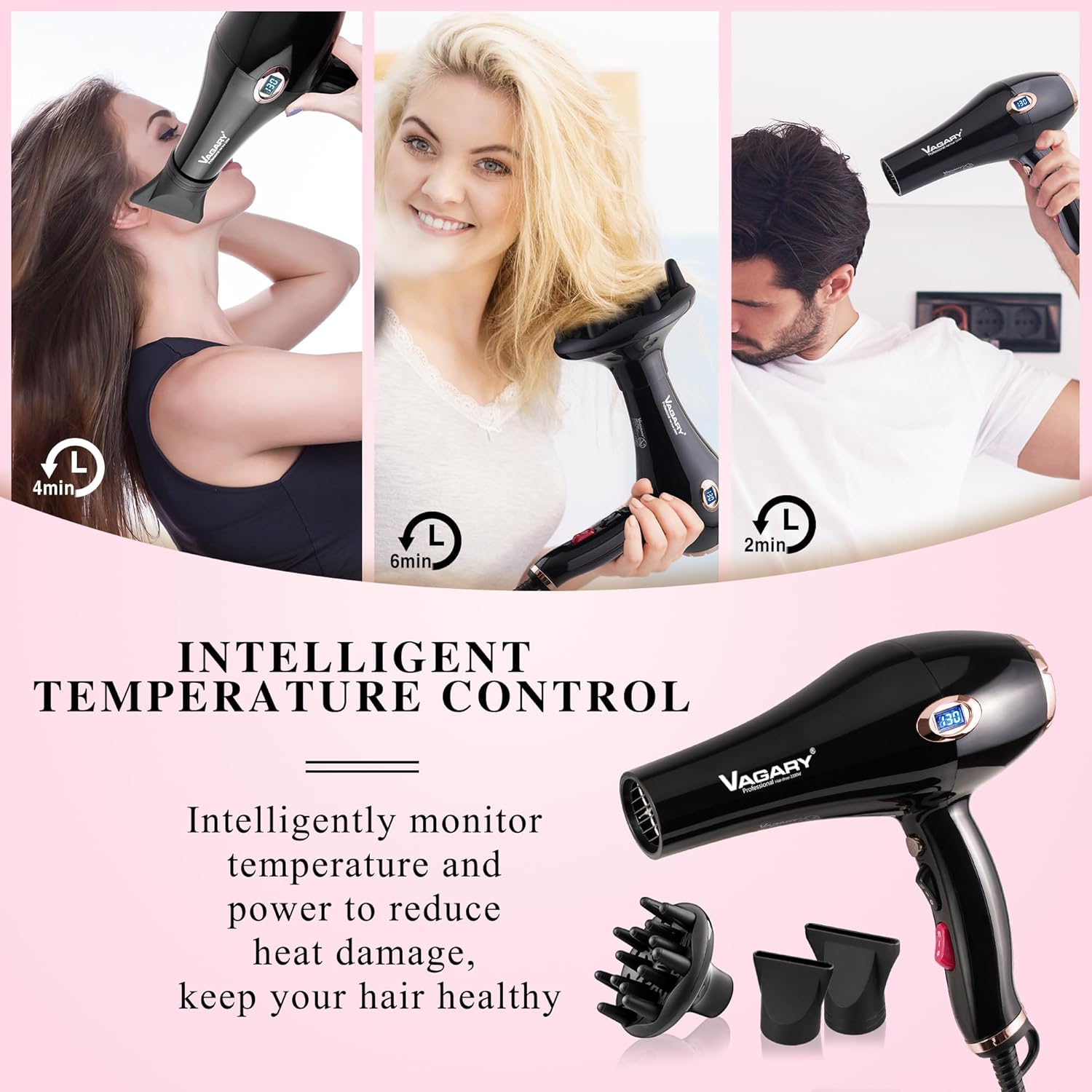 VAGARY Professional Salon 2200W Blower Dryer with Diffuser Concentrator Nozzles,Negative Ionic Blow Dryer,Low Noise Hair Dryers,2 Speeds and 2 Heat Settings 1 Cool Shot Button - Image 5