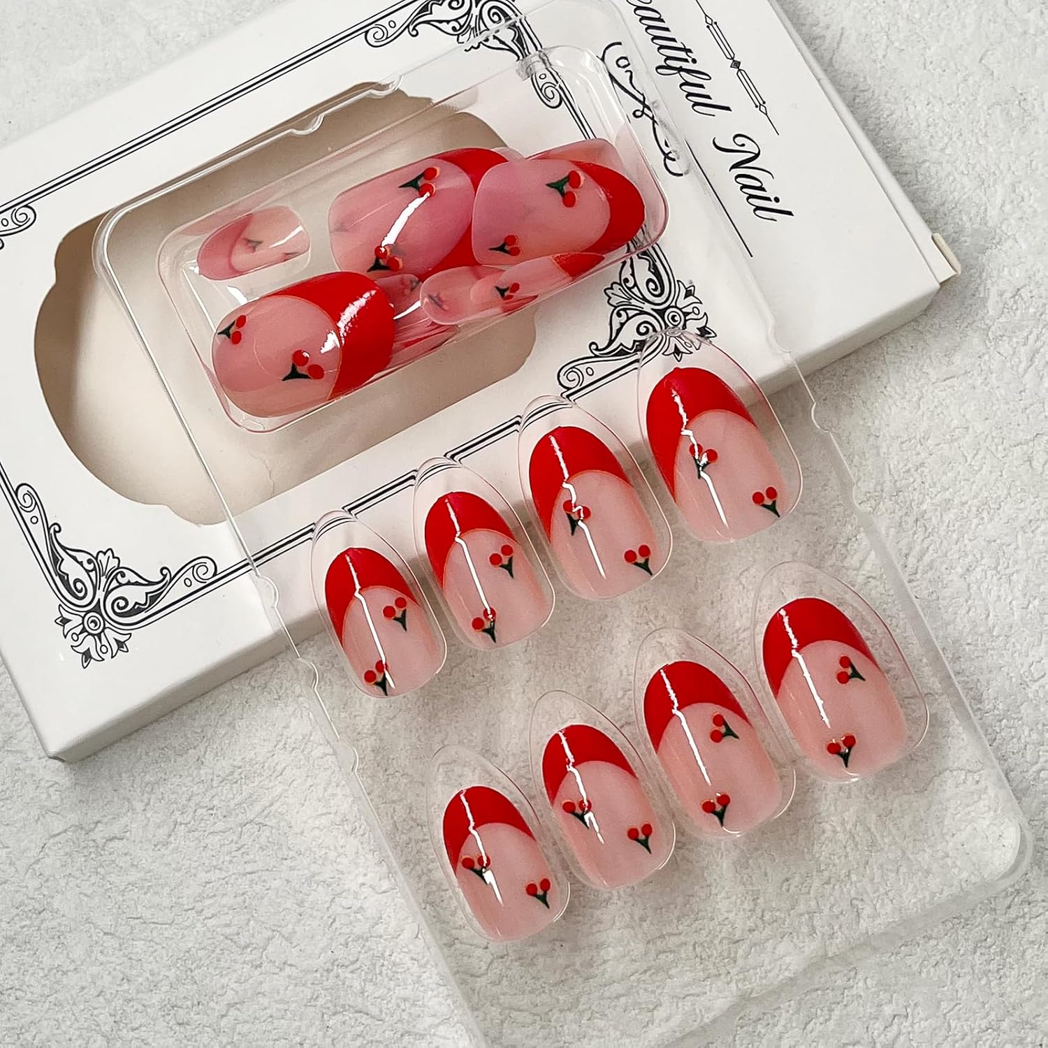 Red French Tip Press on Nails Almond Short Fake Nails Cute Nude Pink Full Cover Glue on Nails with Red Cherry Glossy Artificial Stick on Nails Reusable Acrylic False Nail for Women Girls 24Pcs - Image 5