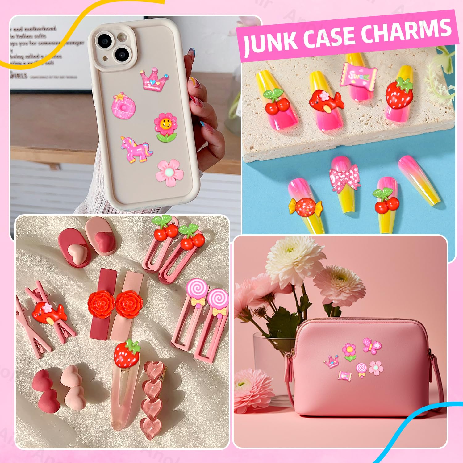 300 Pcs 3D Assorted Flower Candy Lollipop Junk Nail Charms, Acrylic Cute Nail Candy Charms, Flower Bow Star Heart Junk Case Candy Charms for Nail Art DIY Crafts Accessories(S5-Red Charms) - Image 7