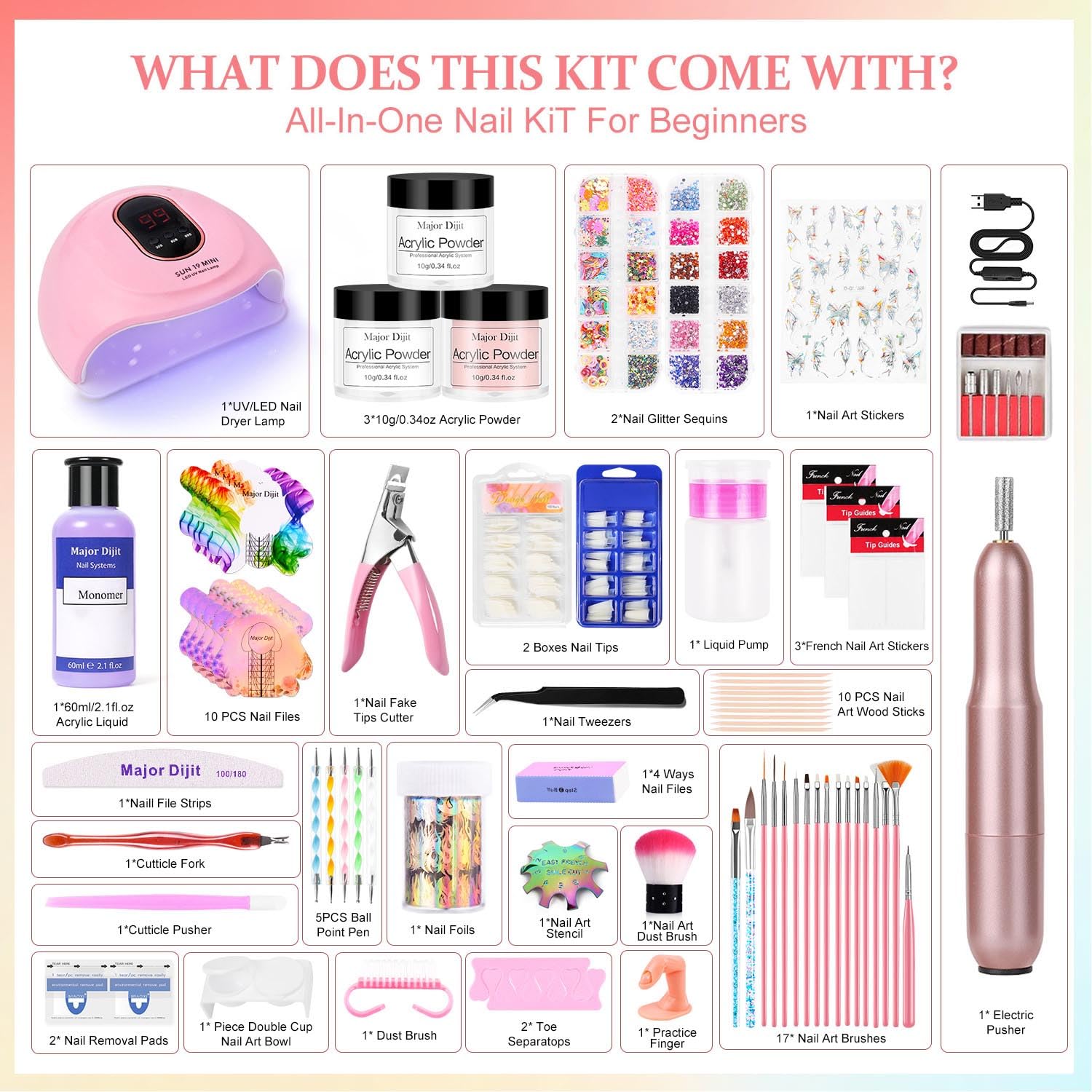 Acrylic Nail Kit Starter Set Acrylic Powder with Nail Drill U V Light Professional Tools with Decoration Everything for Beginners Home Salon Gifts (Clear/White/Nude) - Image 2