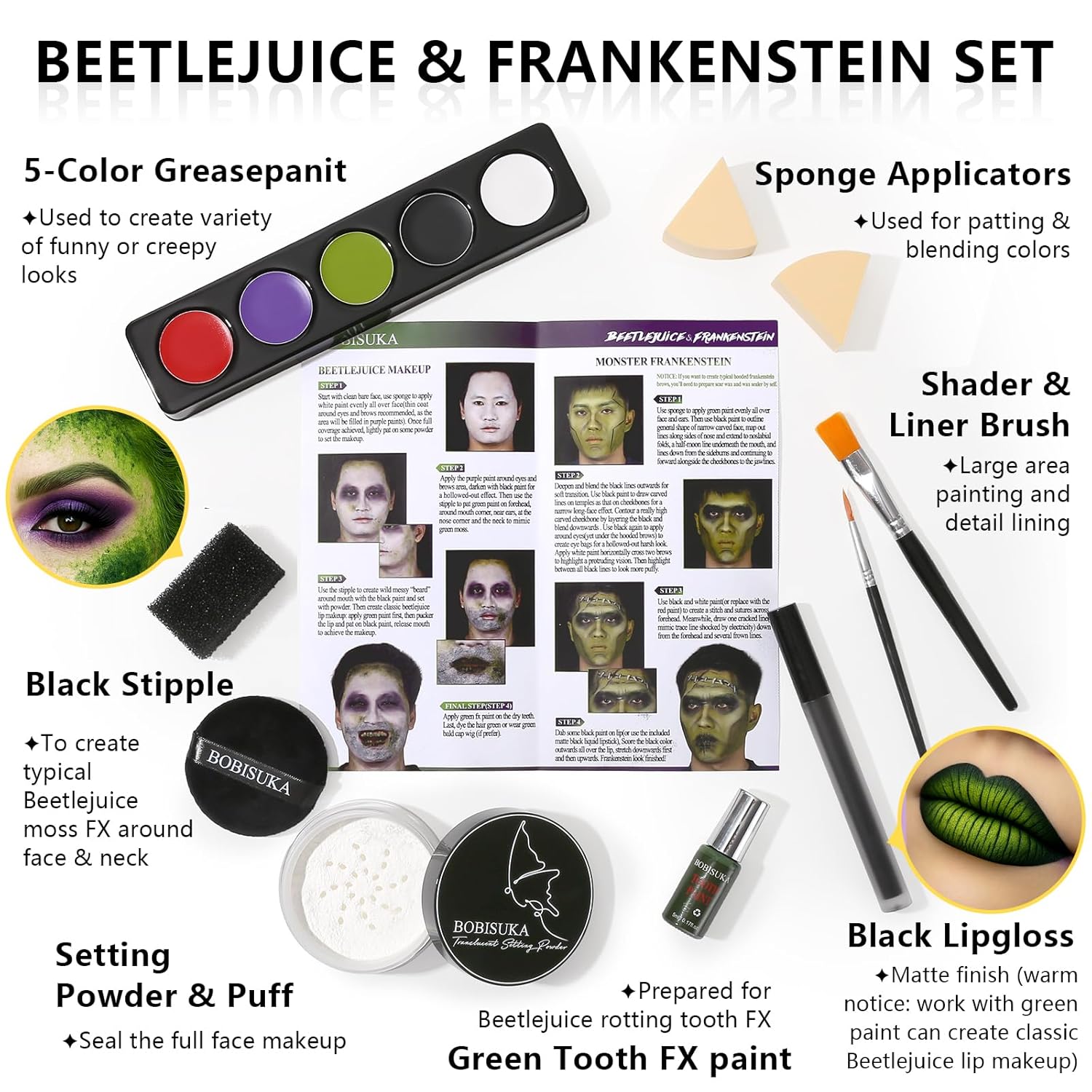 Halloween Beetle-juice Makeup & Frankenstein Makeup Kit, Face Paint SFX Character Set with Black Lipstick & Applicators for Ghost, Zombie, Grinch Special Effects Make Up, Costume Cosplay Party & Stage - Image 2