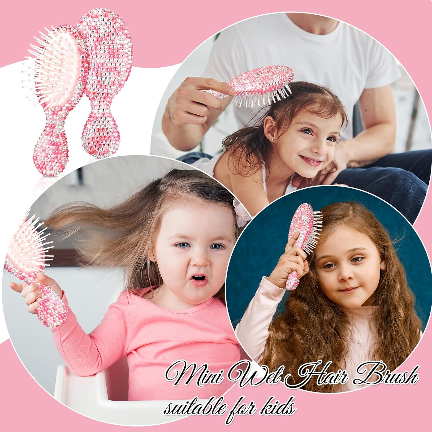 Thyle 4 Pcs Rhinestone Handheld Mirror and Bling Hair Brush Set 2 Cute Heart Shaped Mirror 2 Wet and Dry Hair Brush for Women, Girls Bride, Bridesmaid Gift(Pink) - Image 5