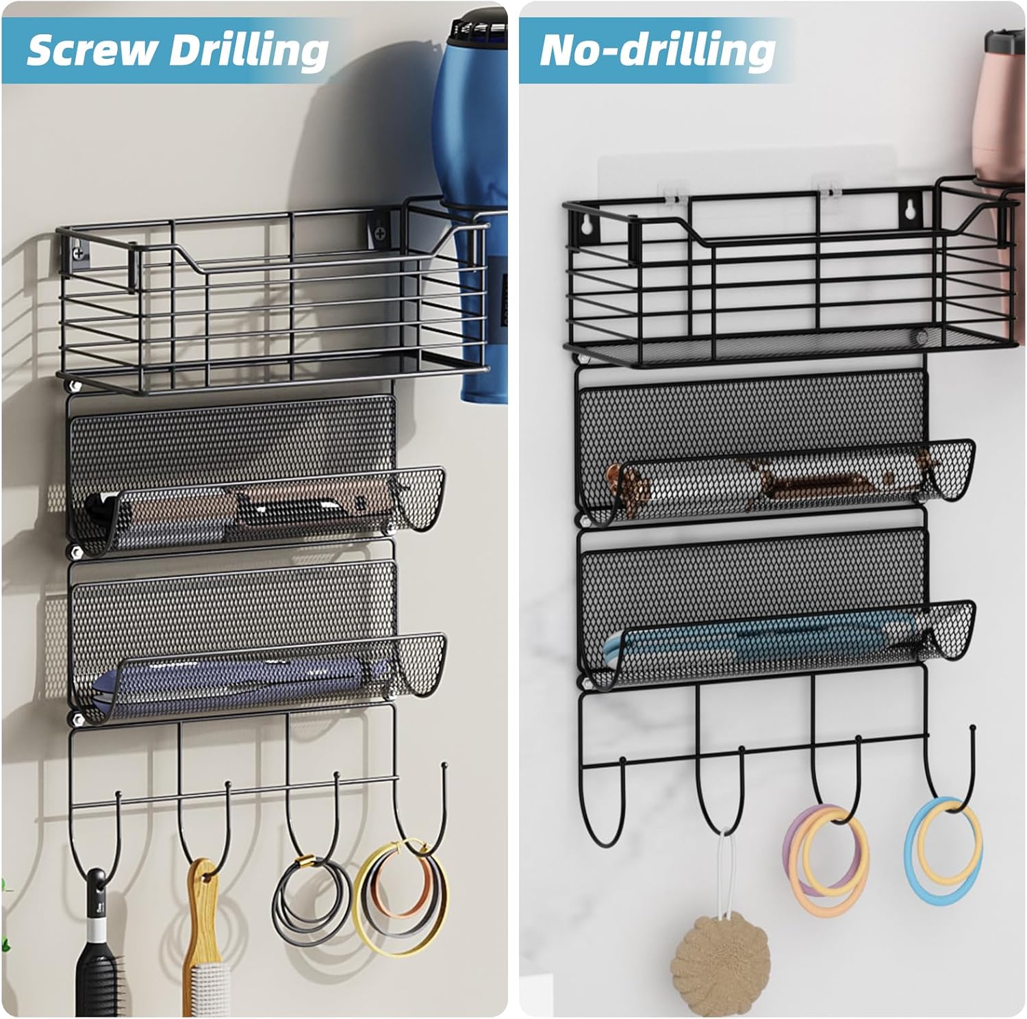 VITVITI Metal Hair Tool Organizer Wall Mount, Hair Dryer Holder with 3 Tier Shelf Basket Hooks, Bathroom Hair Styling Tool Organizer for Curling Iron/Blow Dryer/Straightener, Matte Black - Image 4