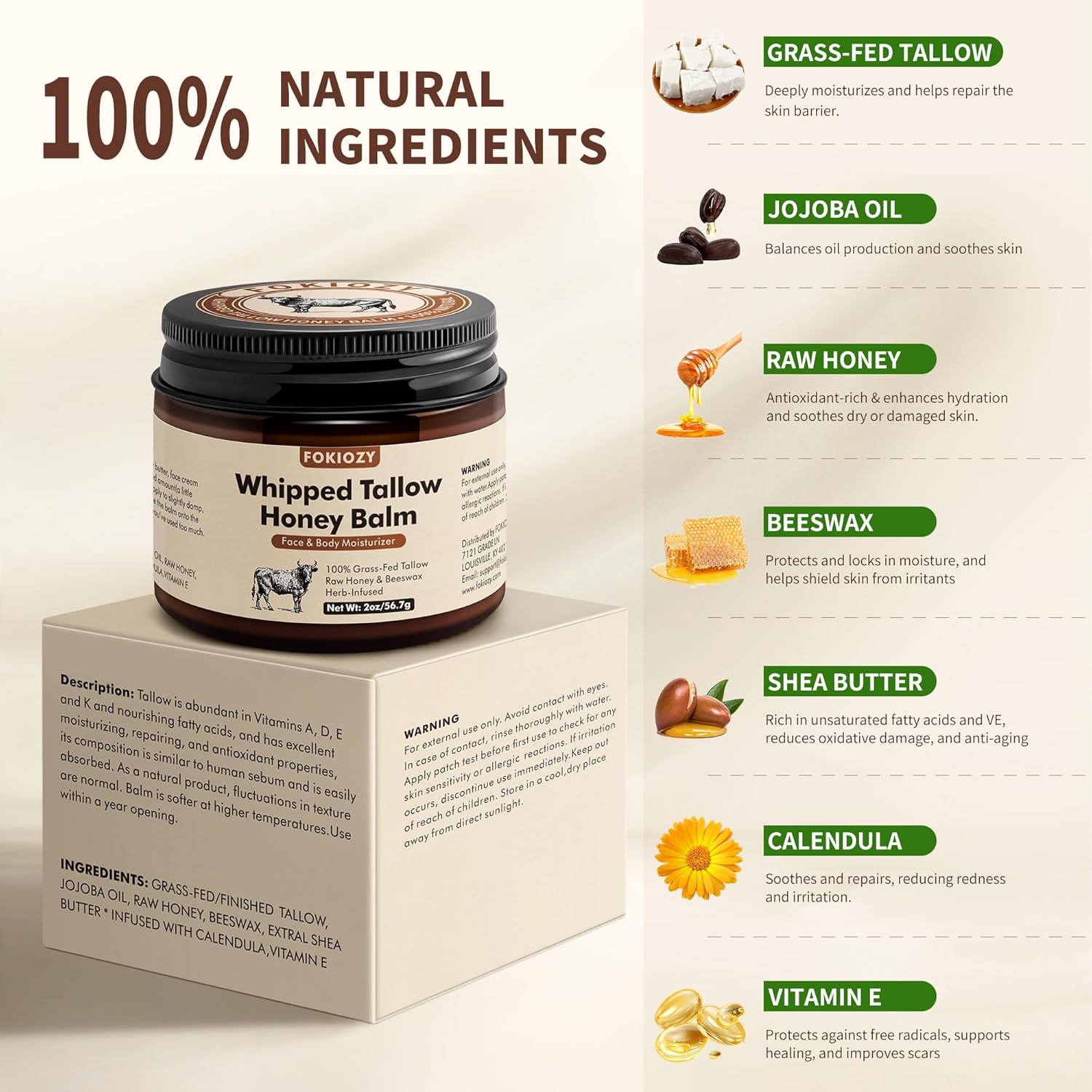 Beef Tallow for Skin, 100% Grass-Fed Whipped Beef Tallow Honey Balm for Face and Body, Tallow Face Moisturizer with Jojoba Oil, All Natural Skin Care for Sensitive, Dry Skin - 2 oz - Image 2