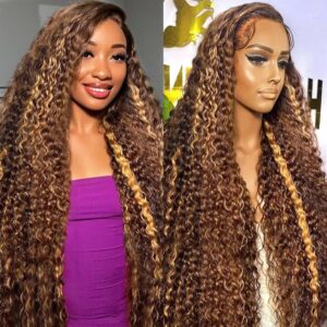 30 Inch Water Wave 13x6 HD Lace Front Wigs Human Hair Ombre Honey Blonde Wig P4/27 Highlight Wet and Wavy Curly Human Hair Frontal Wigs Pre Plucked 200 Density Glueless Frontal Wigs for Women