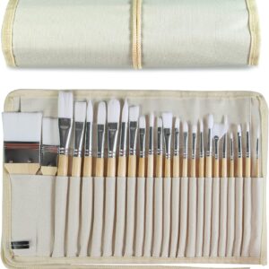 Paint Brushes Set of 24 Pieces Wooden Handles Brushes with Canvas Brush Case, Professional for Oil, Acrylic and Watercolor Painting