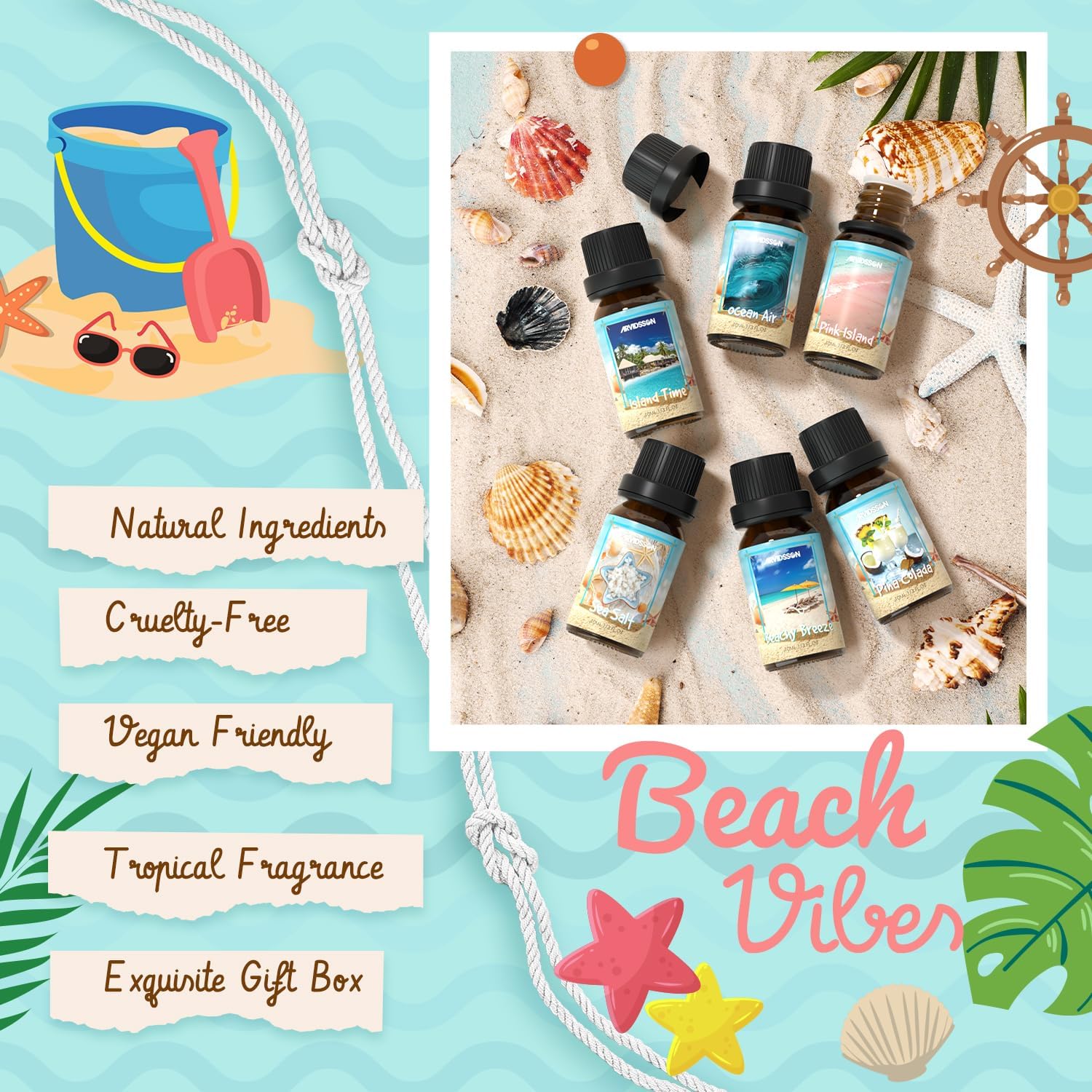 Beach Fragrance Oils Set, ARVIDSSON Summer Essential Oils for Diffuser - Beachy Breeze, Ocean Air, Pina Colada, Pink Sand, Sea Salt, Island Time, Tropical Scented Oil - Image 5