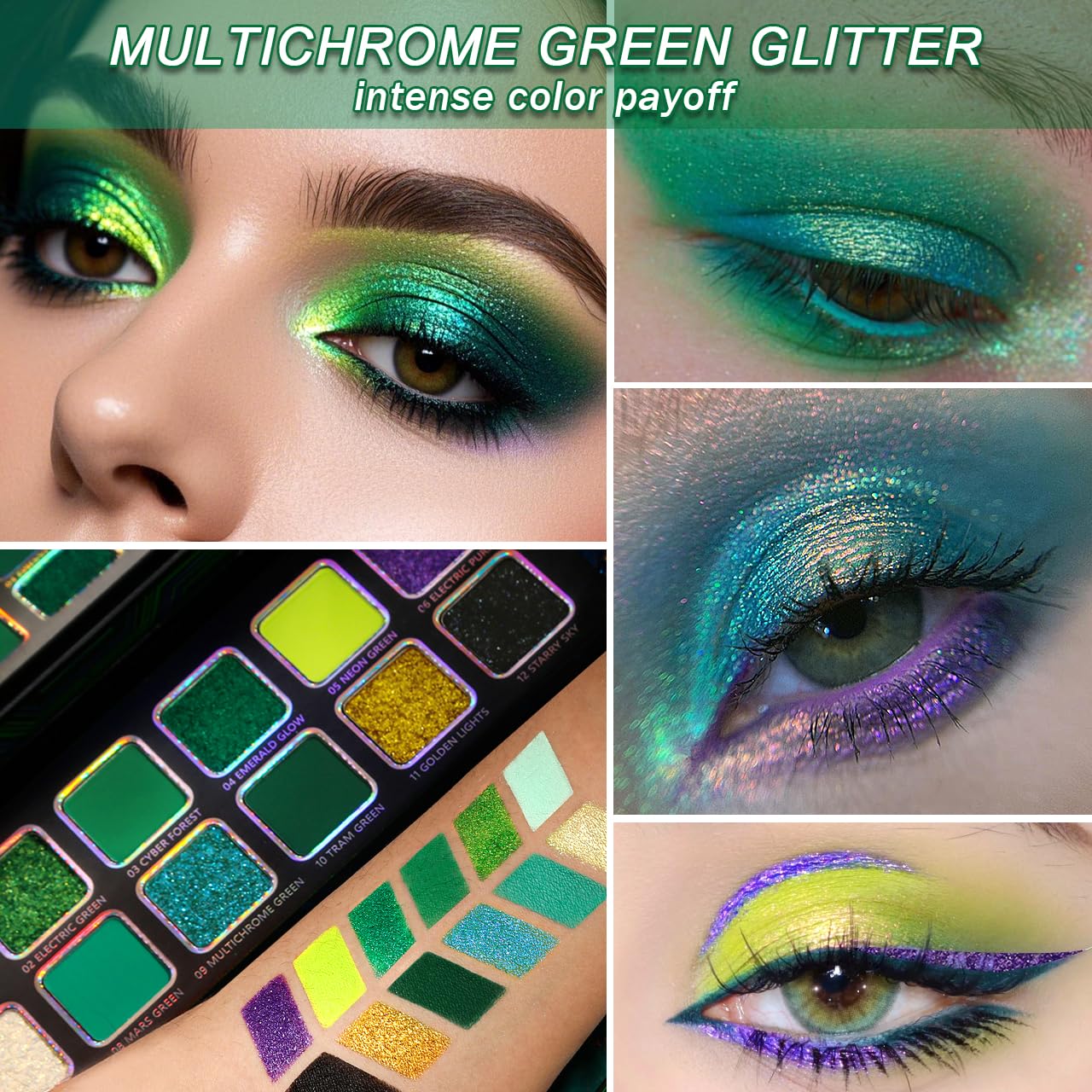 Afflano Multichrome Green Eyeshadow Palette, Color-Shifting Green Glitter Eyeshadow Pallet, Matte Chrome Eye Shadow Dark Forest green Makeup for Women Smokey Blue Brown Eyes Cosplay Party Daily Use - Image 4
