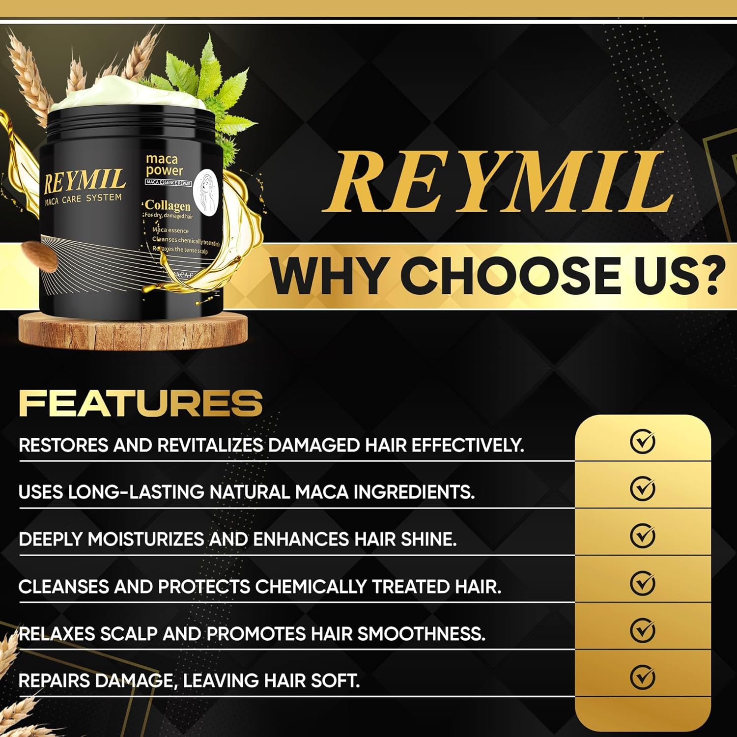 REYMIL-Collagen hair mask - hair treatment for dry damaged hair - Collagen Hair Treatment Deep Repair Conditioning Argan Oil Shine and Softness for Healthy Hair -16.9onz mascarilla para el cabello - Image 3