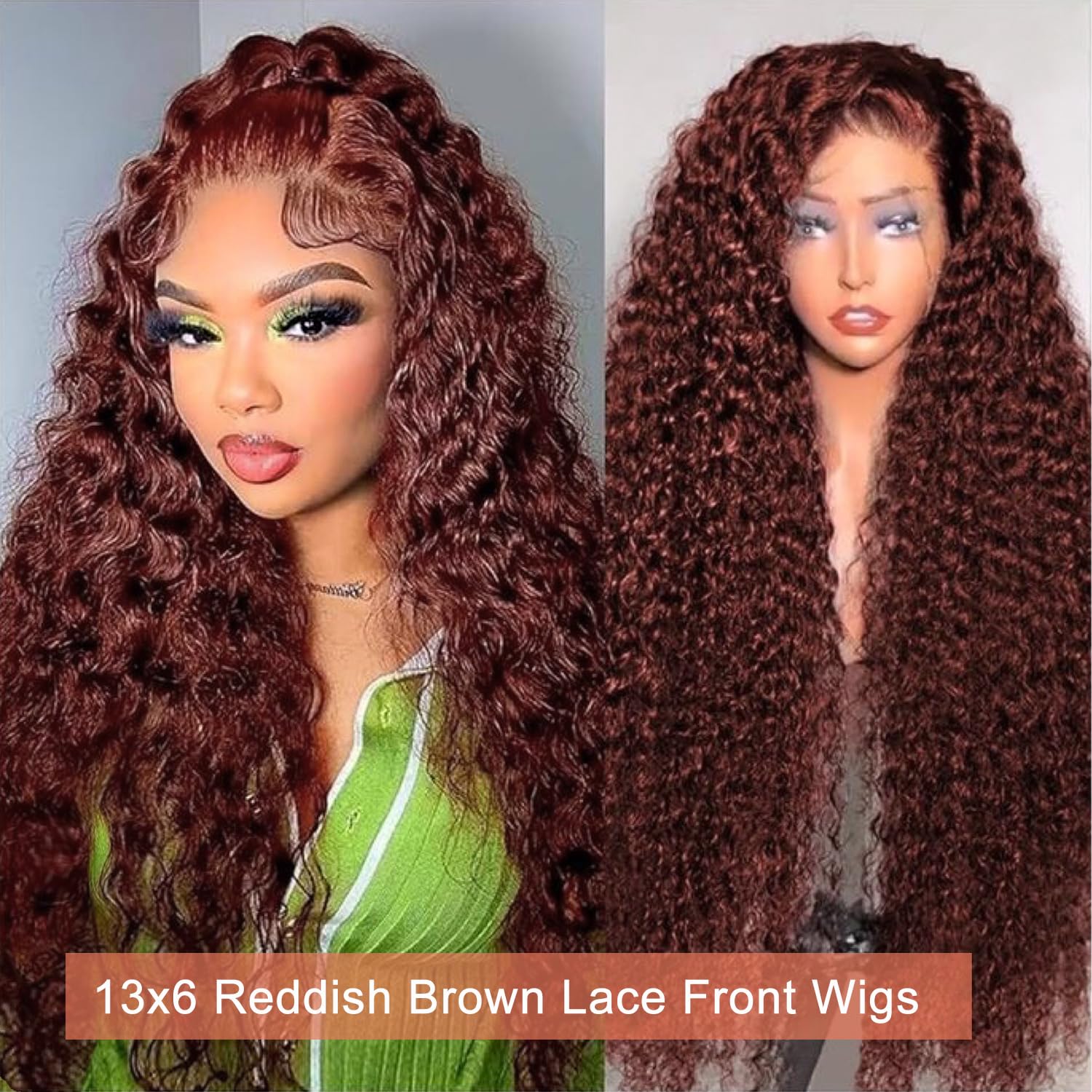 Reddish Brown Lace Front Wigs Human Hair 30 Inch Reddish Brown Curly Lace Front Wig 180 Density 33# Deep Wave 13x6 HD Lace Frontal Wigs Human Hair Pre Plucked for Women Auburn Colored Human Hair wig - Image 2