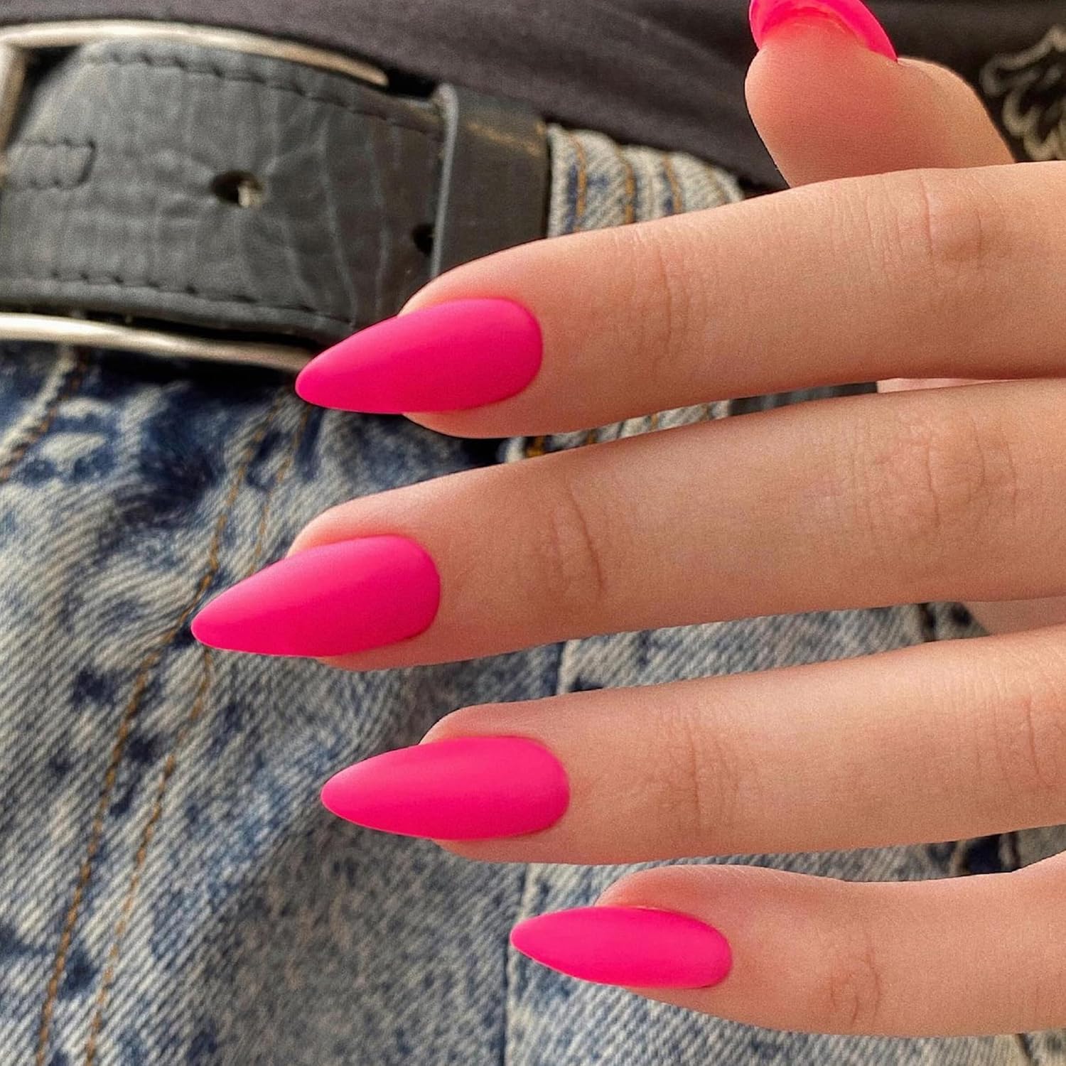 KQueenest Matte Hot Neon Pink Press on Nails Medium Almond Stiletto Gel Fake Nails Glue on Medium Pure Color Acrylic Nails Press ons Feature Protective UV Coating in 24PCS - Image 2