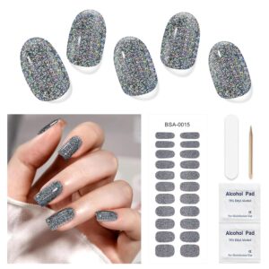 Gel Nail Strips, 22Pcs Gel Nail Stickers Self Adhesive, Nail Strips No UV Light Needed, Gel Nail Wraps Fit for Home, Includes Prep Pads, Nail File & Wood Stick(Grey Black Glitter)