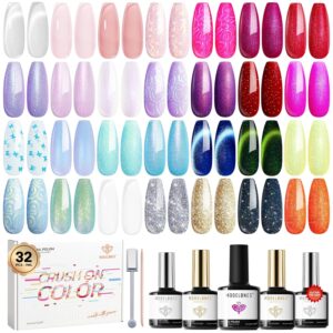 Modelones 32 PCS Summer Gel Nail Polish Set, 28 Colors Glitter Cat Eye Jelly Pearl Chameleon Gel Polish with Magnet, No Wipe Base Coat, Glitter & Glossy & Matte Top Coat Soak Off Nail Art Kit