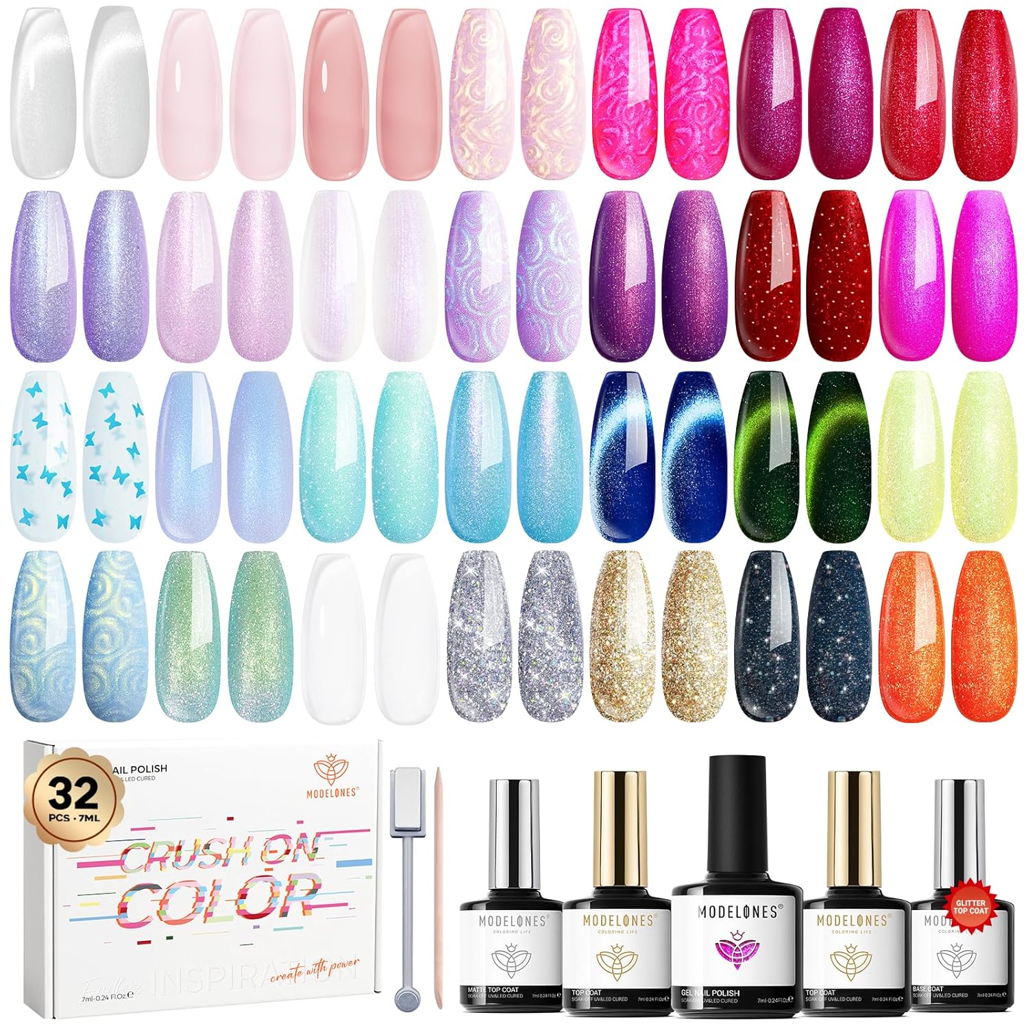Modelones 32 PCS Summer Gel Nail Polish Set, 28 Colors Glitter Cat Eye Jelly Pearl Chameleon Gel Polish with Magnet, No Wipe Base Coat, Glitter & Glossy & Matte Top Coat Soak Off Nail Art Kit