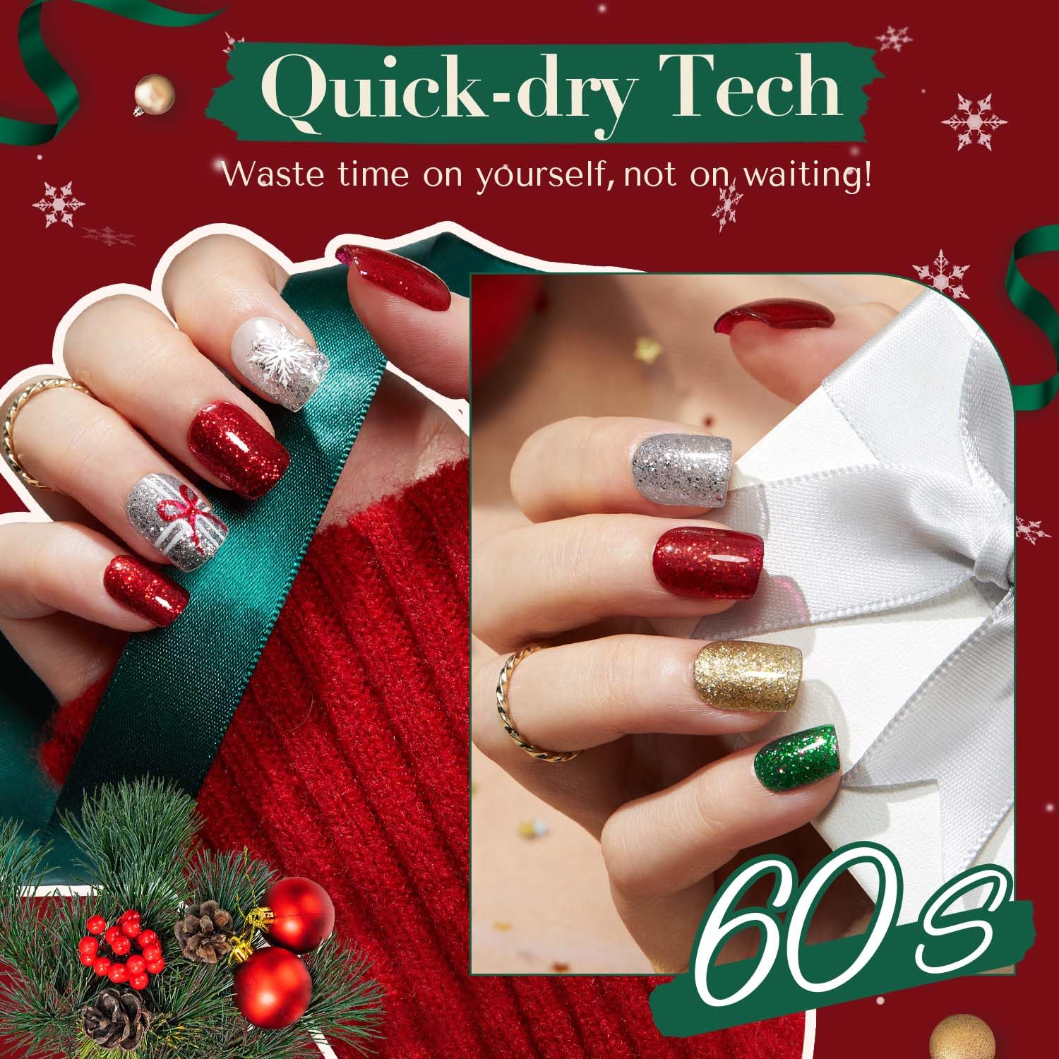 AZUREBEAUTY Nail Polish Set, 4 Colors Christmas Glitter Red Green Gold Silver Quick Dry Natural Fingernail Lacquer Strengthening Treatment Kit with Top Coat DIY Salon at Home - Image 2