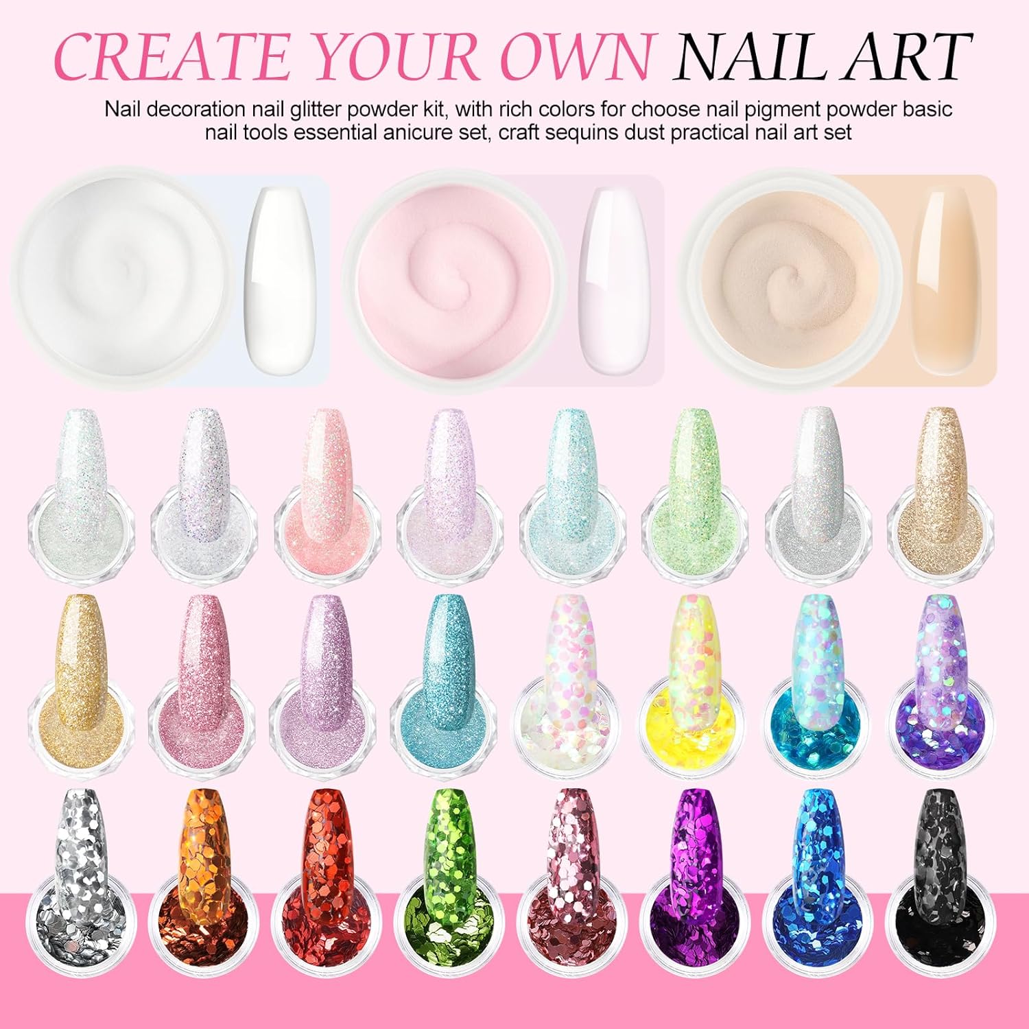 Acrylic Nail Kit with Everything for Beginner with Drill and U V Light 3Pcs Acrylic Powder 24Pcs Glitter Powder Professional Nail Kit 200Pcs Nail Tips DIY Salon - Image 8