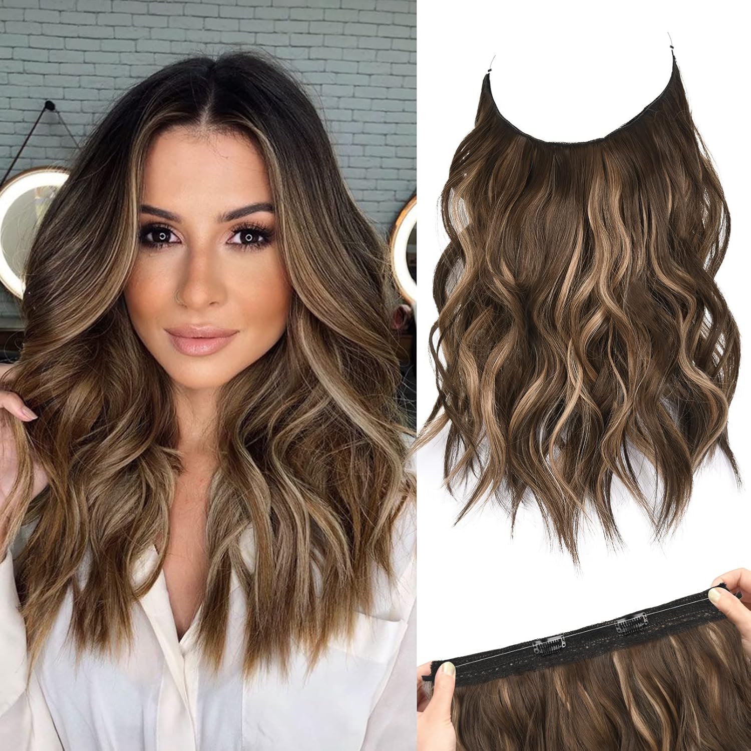 REECHO Invisible Wire Hair Extensions with Thinner Softer Lace Weft (Chocolate Brown with Blonde Highlights, 12 Inch (Pack of 1))