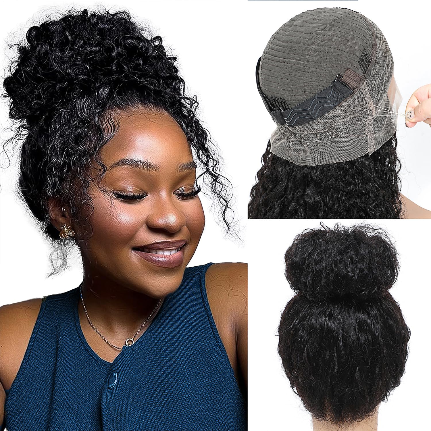 ONICE 360 Drawstring Lace Front Wigs Human Hair Pre Plucked Invisible Strap Deep Wave Glueless Full Lace Human Hair Wigs With Drawstring Hidden Strap 360 Curly Wig For Black Women (20 Inch)