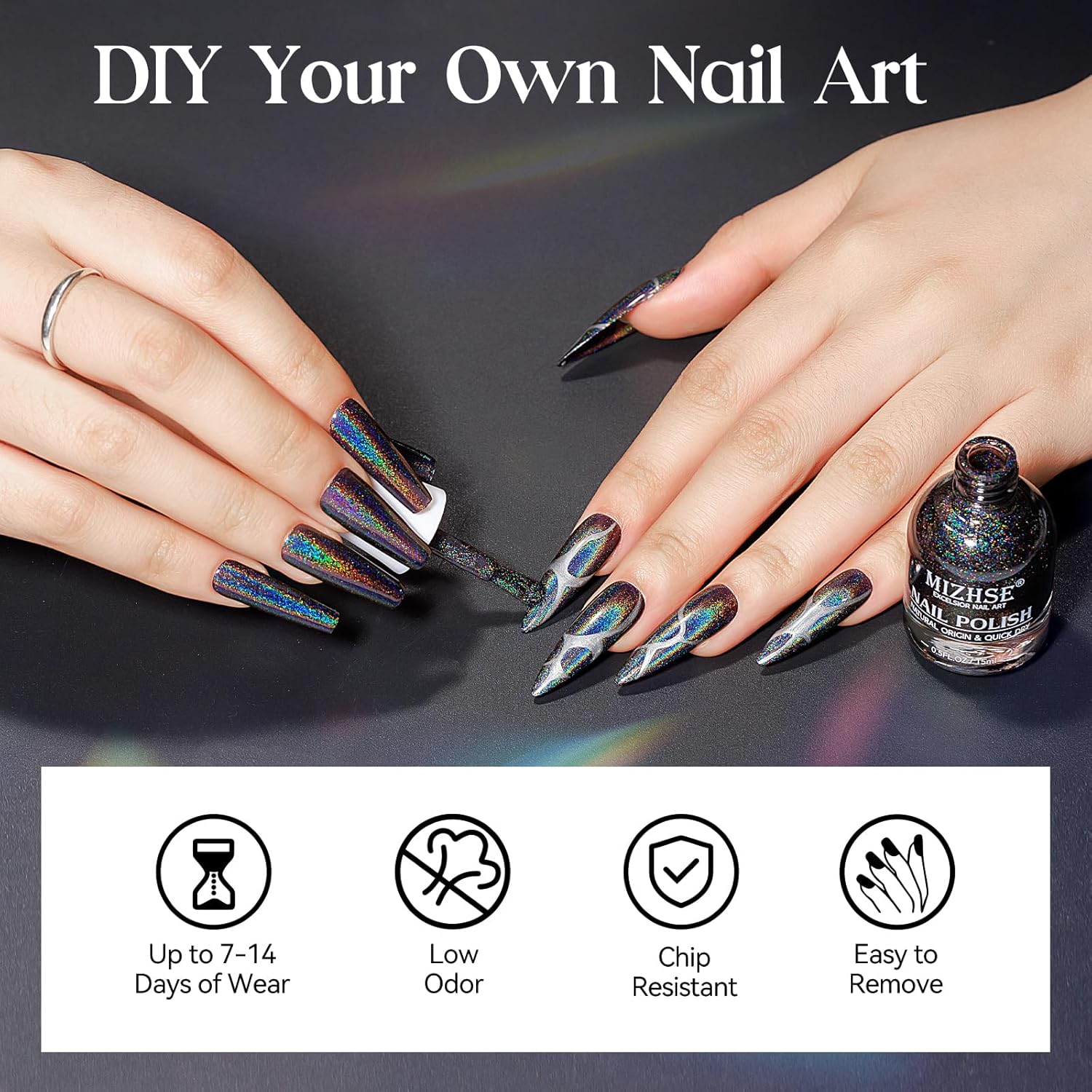 MIZHSE Holographic Nail Polish, Black Glitter Nail Polish Air Dry Fast, 15 ml 0.5 fl oz High Glossy Shiny Nail Pigment Oil-based Laser Iridescent Chrome Halo Nail Art Salon Manicure Home - Image 5