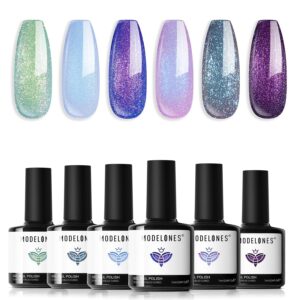 modelones Chameleon Gel Nail Polish Set- 6 Colors Aurora Shimmer Glitter Gel Polish Kit Blue Green Purple Nail Gel Polish All Seasons Soak Off LED Nail Lamp Nail Art Gel Kit DIY Salon Gift for Women