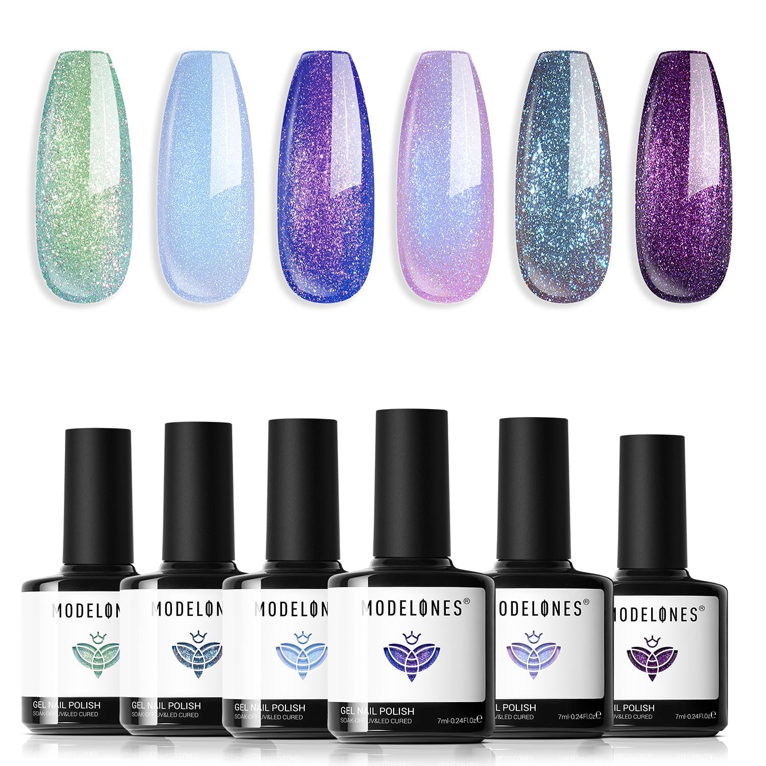 modelones Chameleon Gel Nail Polish Set- 6 Colors Aurora Shimmer Glitter Gel Polish Kit Blue Green Purple Nail Gel Polish All Seasons Soak Off LED Nail Lamp Nail Art Gel Kit DIY Salon Gift for Women