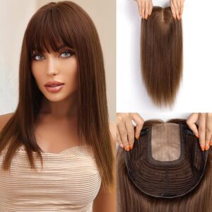 Starluck 16 inch Women's Honey Brown Real Human Hair Toppers with Bangs - 9*9 Large Base, Adds Volume, Covers Grey Hair Roots