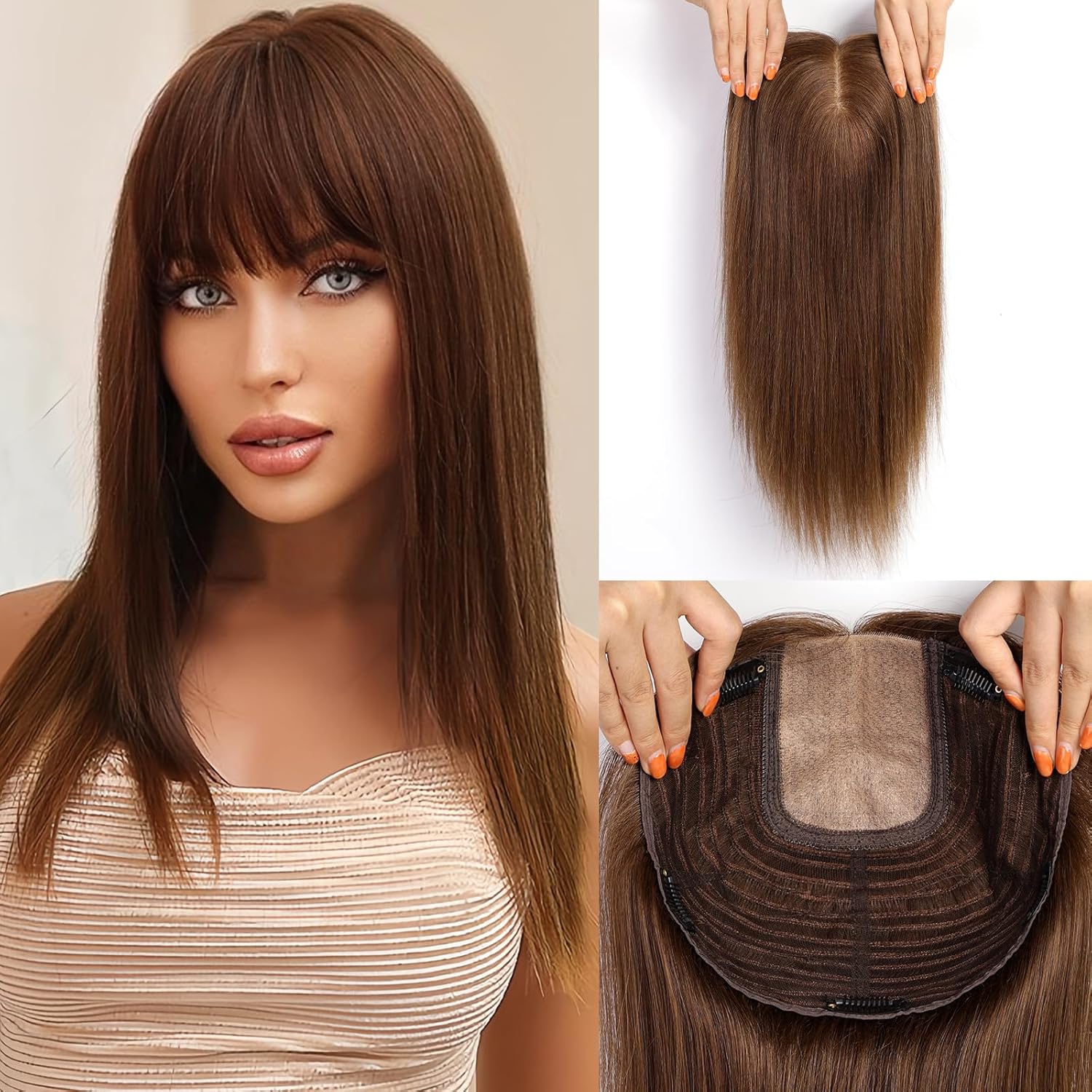 Starluck 16 inch Women's Honey Brown Real Human Hair Toppers with Bangs - 9*9 Large Base, Adds Volume, Covers Grey Hair Roots