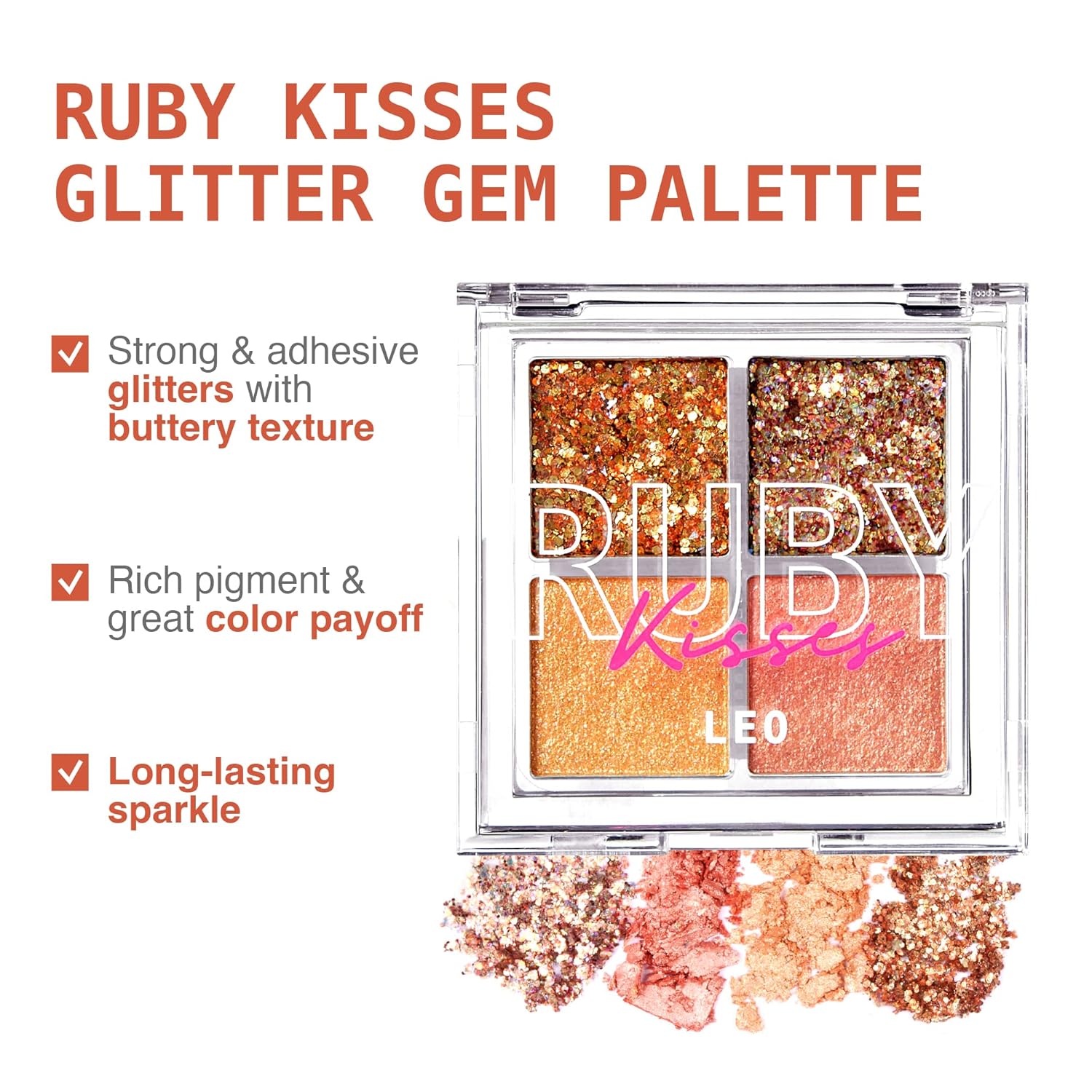 Ruby Kisses Glitter Gem Palette, 4 Shades Highly Pigmented Chunk Glitter, Buttery Texture, Long-Lasting Eye Makeup (Leo) - Image 3