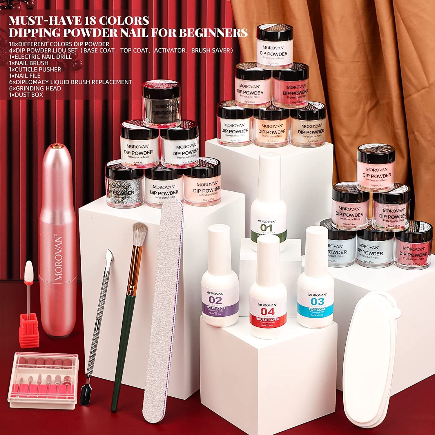 Morovan Dip Powder Nail Kit: Starter Kit 54pcs Nails Dipping Powder Set 18 Colors with Electric Nail Drill - Image 2