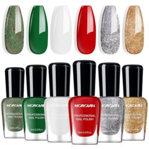 Morovan Fingernail Nail Polish Set: White Red Green Gold Glitter Silver Nail Polish Kit Regular Air Quick Dry Nail Polish Pack Holiday Party Gift for Women