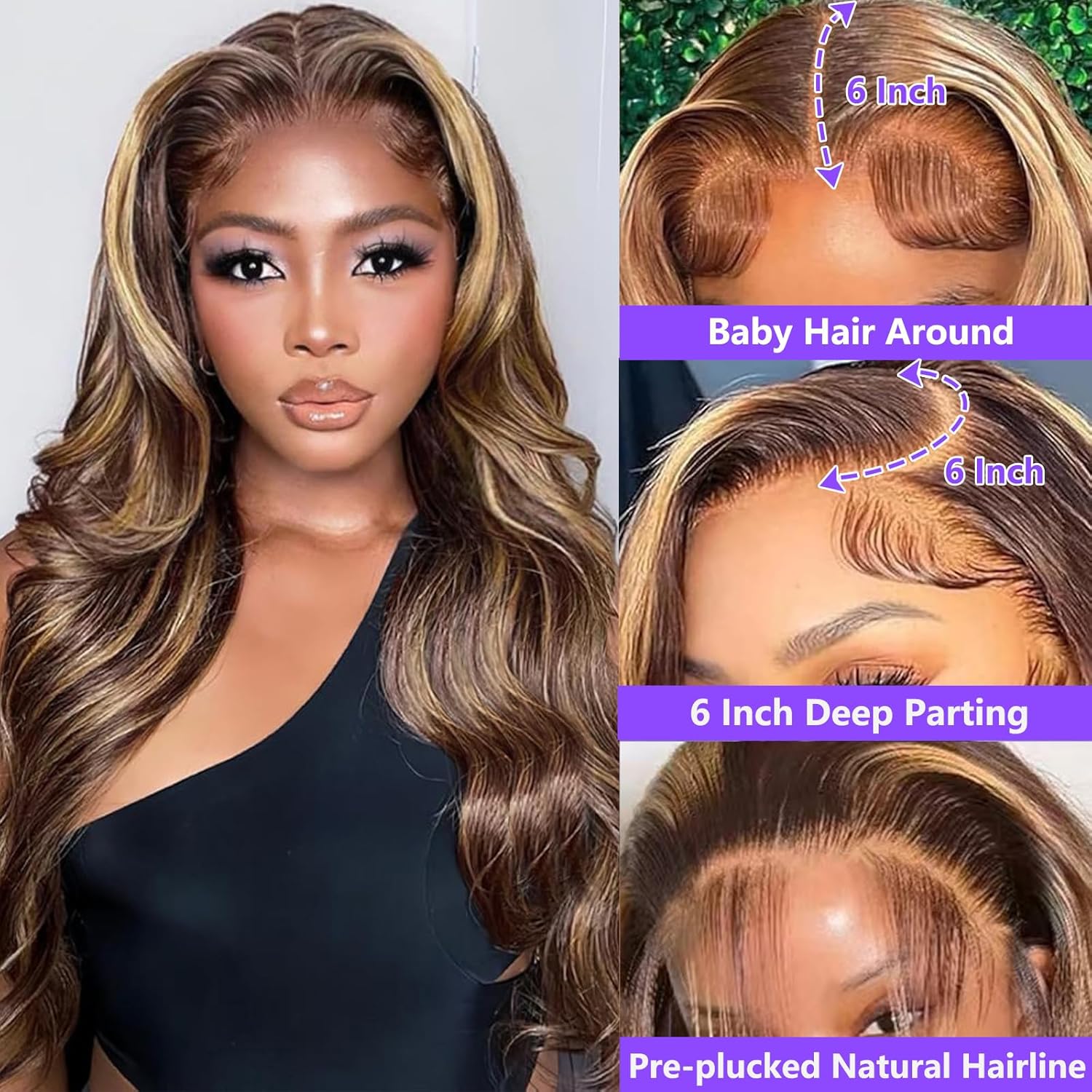 Honey Blonde Ombre Lace Front Wig Human Hair Highlight Body Wave 13X6 Lace Front Wigs Human Hair Pre Plucked HD Frontal 180 Density Glueless 4/27 Highlighted Human Hair Wig 26 Inch - Image 4