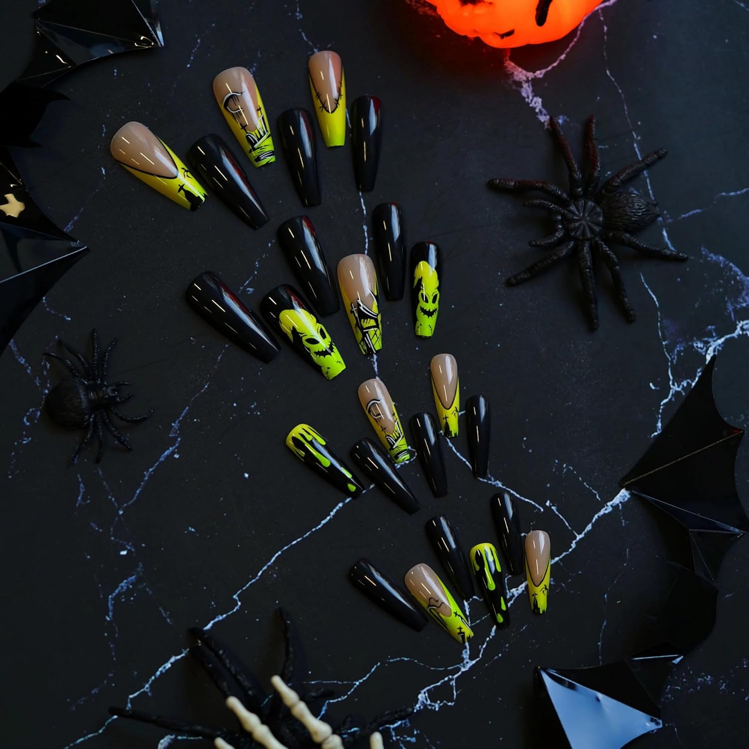BABALAL Halloween Press on Nails Long Coffin Fake Nail Black Nails Glue ons Green French Tip Ghost Design Acrylic Nails Ballerina False Nails 24Pcs Manicure Full Cover Artificial Nails - Image 3