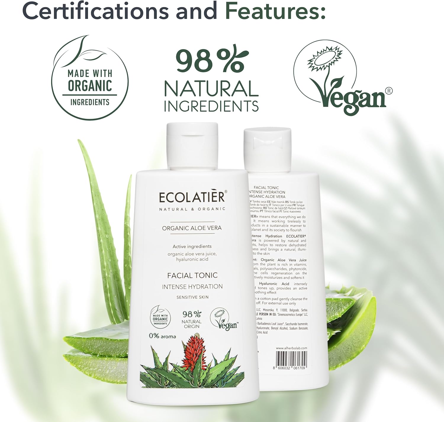 Toner for Face with Organic Aloe Vera โ Intense Hydration, Vegan, 98% Natural, Moisturizing & Soothing for Sensitive Skin, Gentle Daily Use, Tones & Softens, 8.5 Fl Oz / 250ml - Image 6
