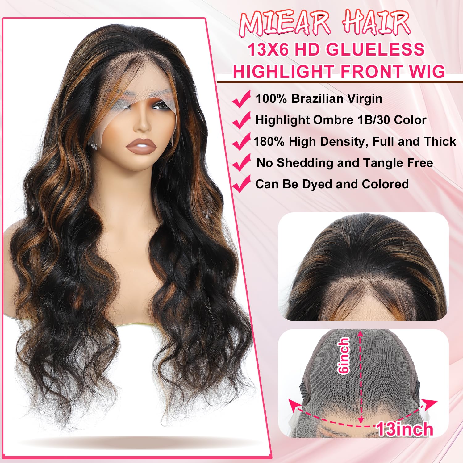 13x6 Ombre Human Hair Lace Front Wig 1B/30 Highlight 26 Inch Body Wave 180% Density HD Transparent - Image 6